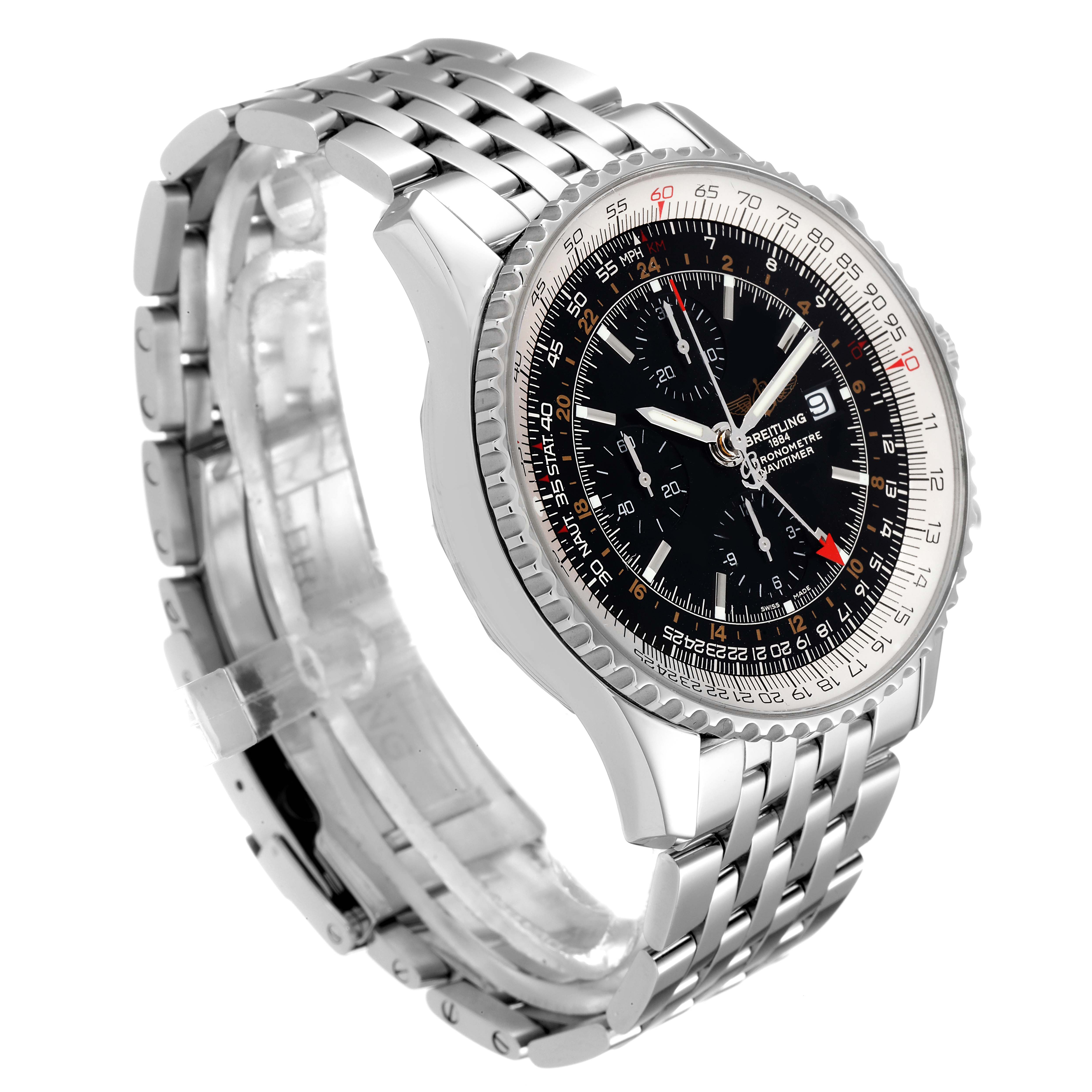 The image shows a Breitling Navitimer A24322 Men's Stainless Steel Black Dial A24322 Men's Stainless Steel Black Dial watch at an oblique angle, highlighting its black dial, bezel, and metal bracelet.