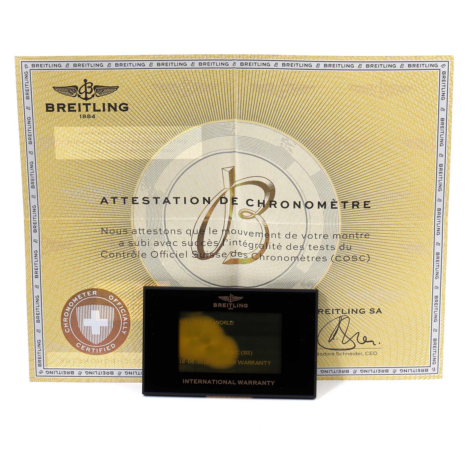 The image shows a Breitling Navitimer A24322 Men's Stainless Steel Black Dial A24322 Men's Stainless Steel Black Dial's chronometer certificate and the international warranty card.