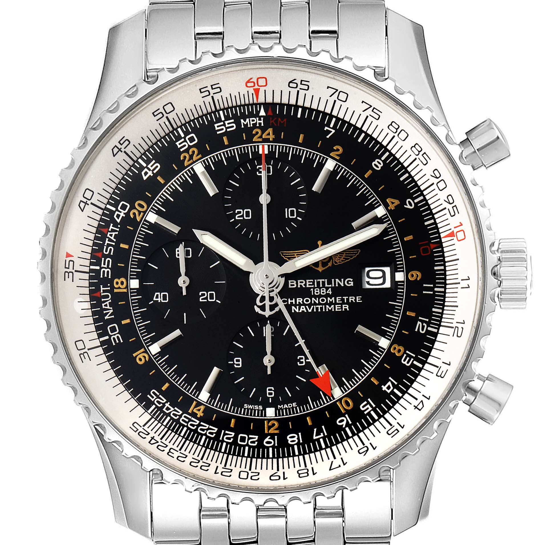 The image shows a front view of a Breitling Navitimer A24322 Men's Stainless Steel Black Dial A24322 Men's Stainless Steel Black Dial watch, highlighting its bezel, dial, chronograph features, and bracelet.