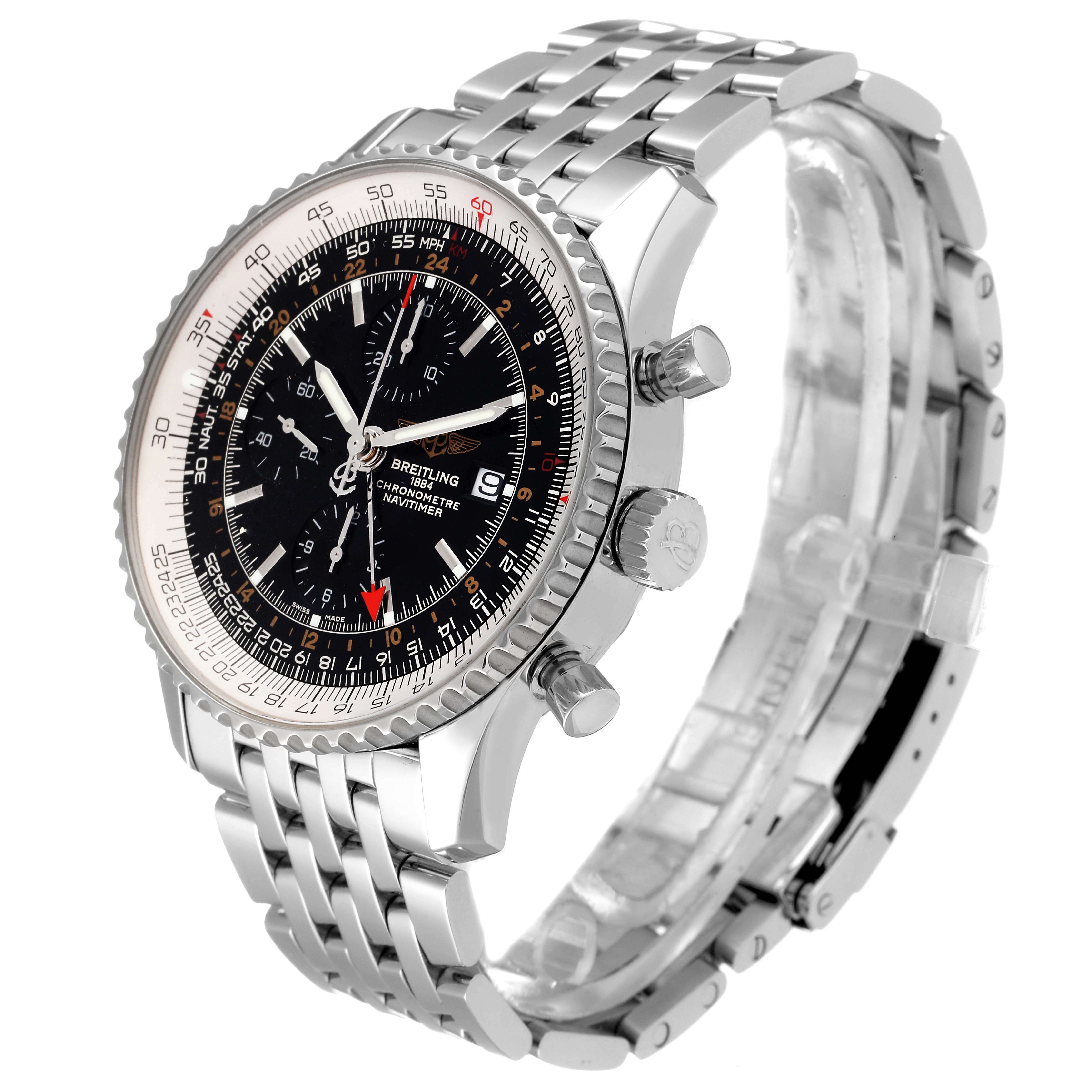 The Breitling Navitimer A24322 Men's Stainless Steel Black Dial A24322 Men's Stainless Steel Black Dial watch is shown at an oblique angle, showcasing the face, bezel, crown, and bracelet.