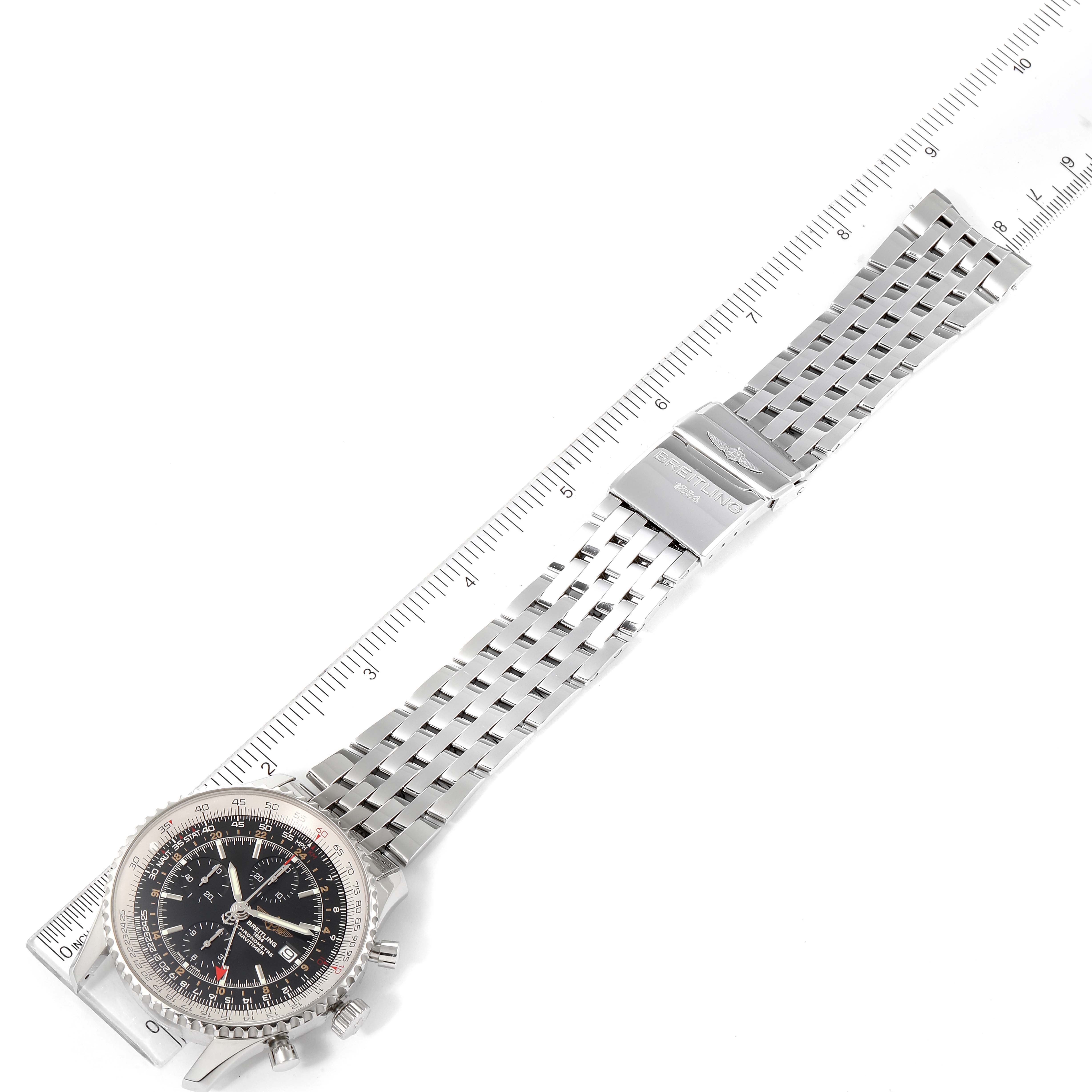 This image shows a top-down view of a Breitling Navitimer A24322 Men's Stainless Steel Black Dial A24322 Men's Stainless Steel Black Dial watch, including the full bracelet and clasp.
