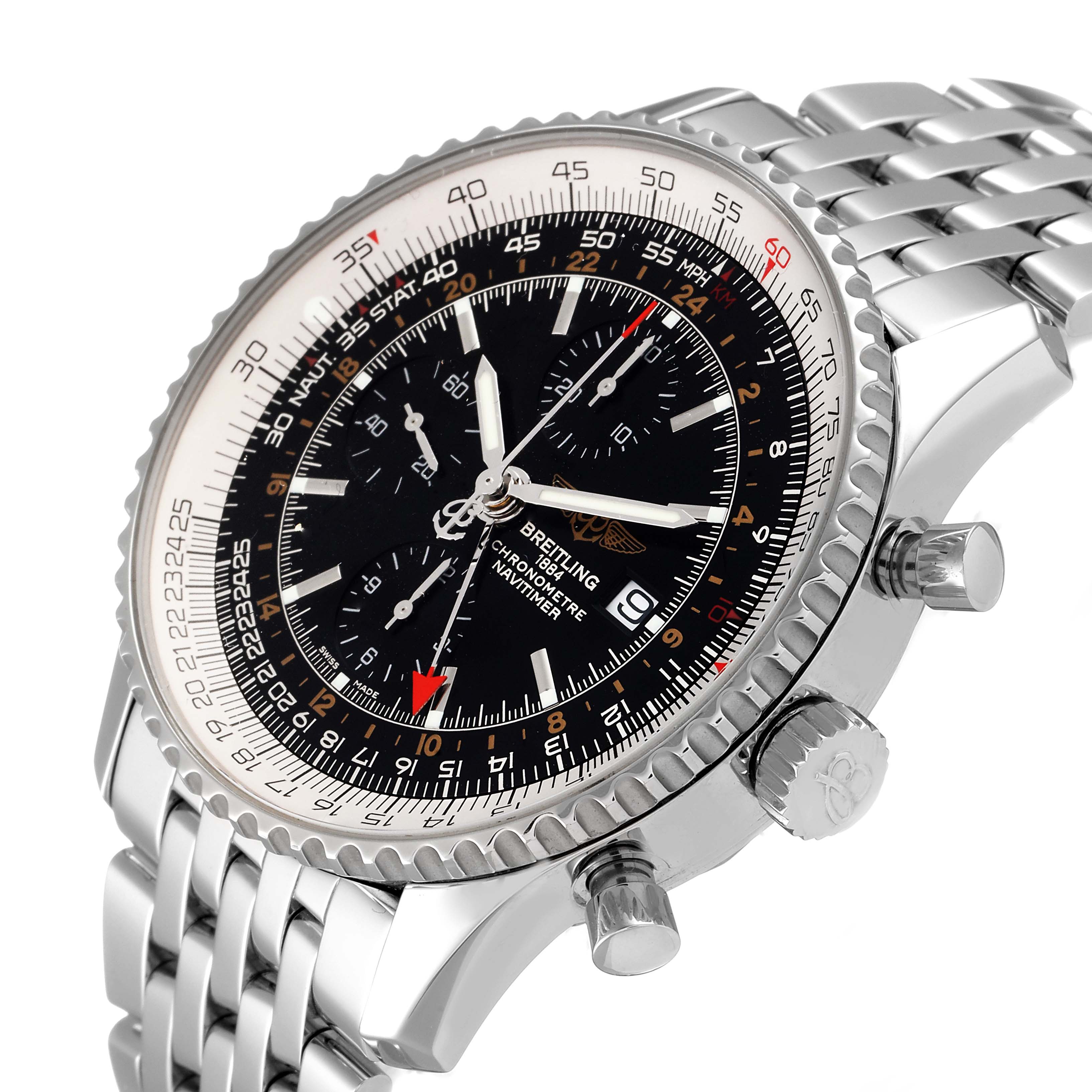 The image shows a side angle of the Breitling Navitimer A24322 Men's Stainless Steel Black Dial A24322 Men's Stainless Steel Black Dial watch, displaying the face, bezel, pushers, crown, and part of the bracelet.