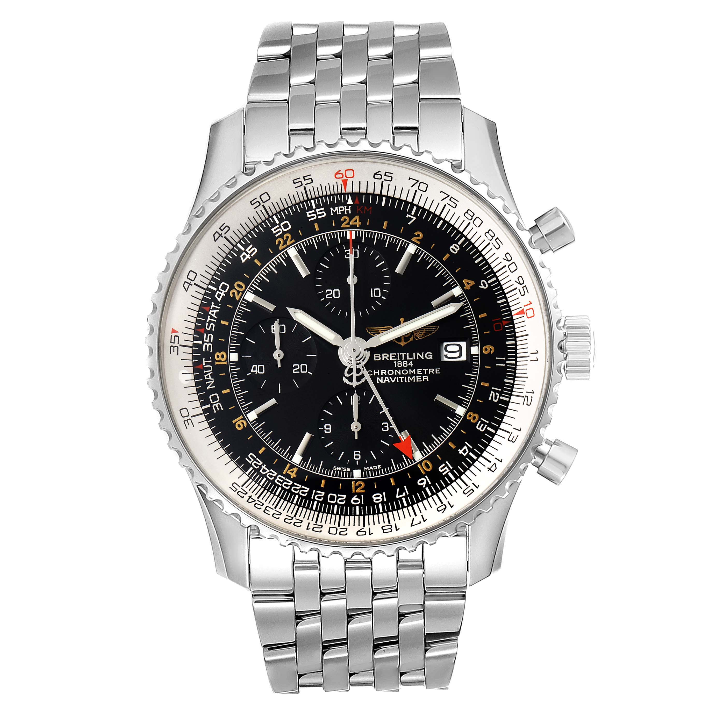The image shows a frontal view of a Breitling Navitimer A24322 Men's Stainless Steel Black Dial A24322 Men's Stainless Steel Black Dial watch, highlighting its dial, bezel, case, and bracelet.