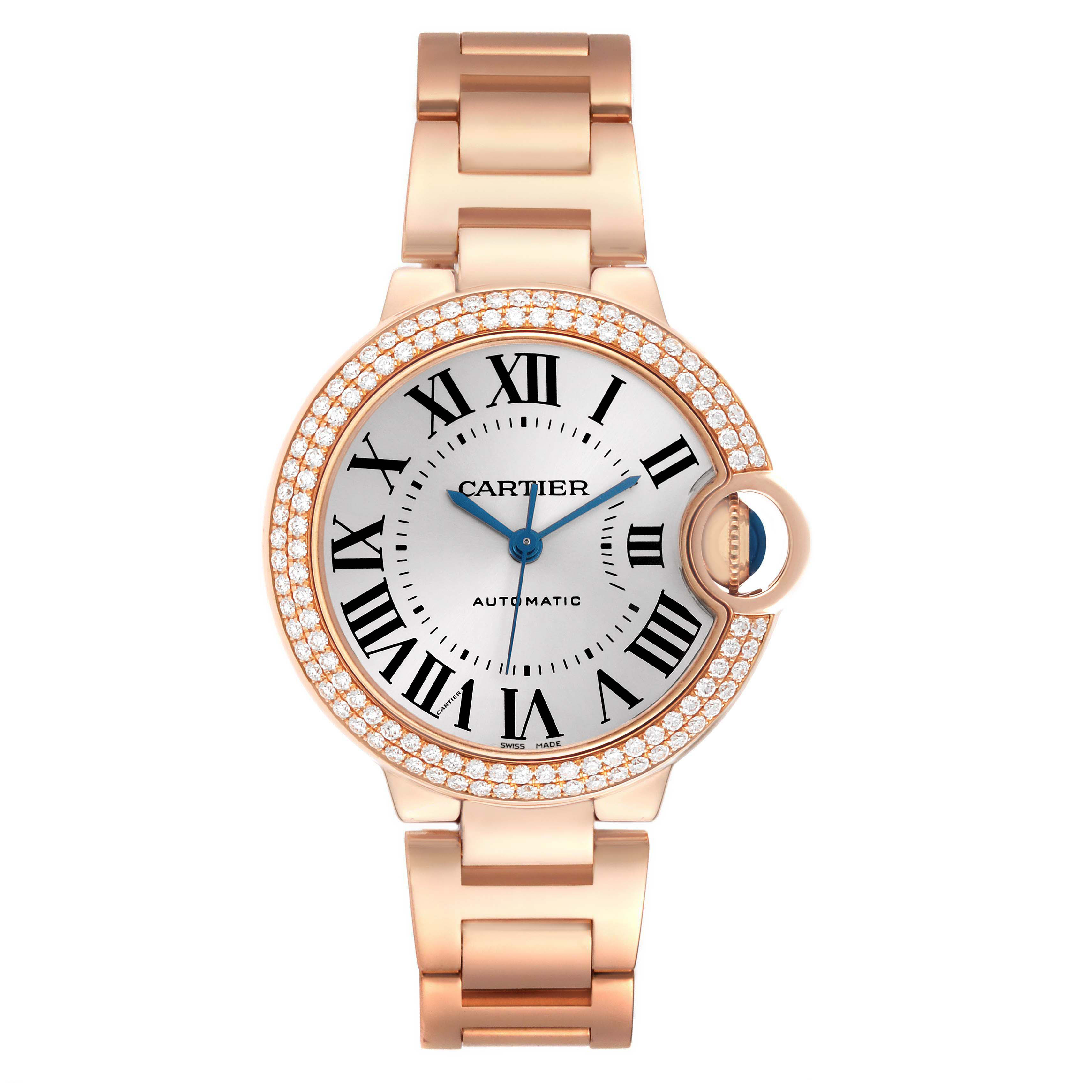 The Cartier Ballon Bleu WJBB0036 Women's Rose Gold Silver Dial watch is shown from the front, displaying the face, bezel with diamonds, and bracelet.