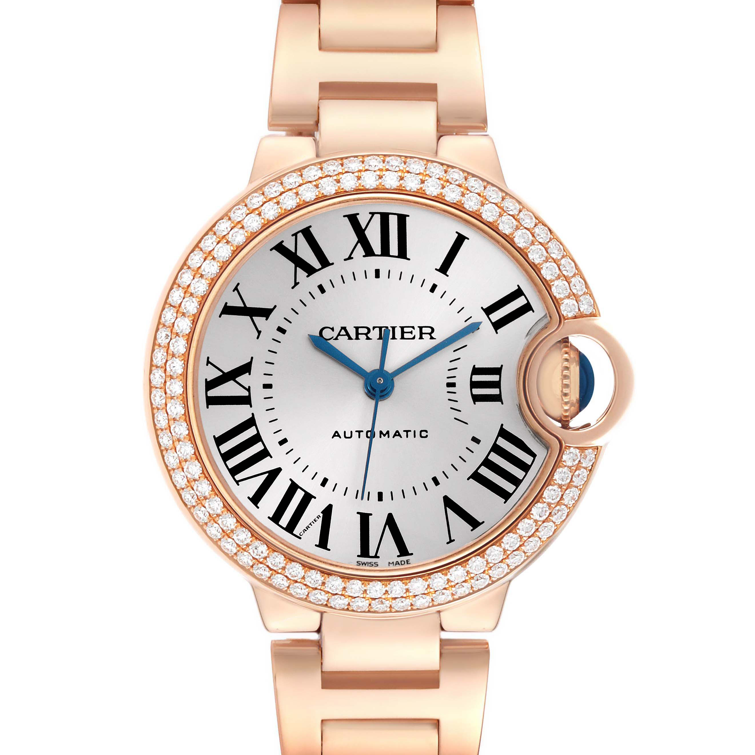 The image shows a front view of the Cartier Ballon Bleu WJBB0036 Women's Rose Gold Silver Dial watch, highlighting its diamond-studded bezel and bracelet.