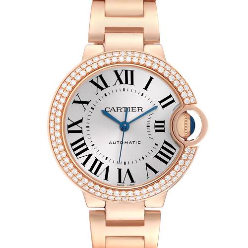 The Cartier Ballon Bleu WJBB0036 Women's Rose Gold Silver Dial watch is shown from a front angle, highlighting the dial, bezel with diamonds, and part of the bracelet.