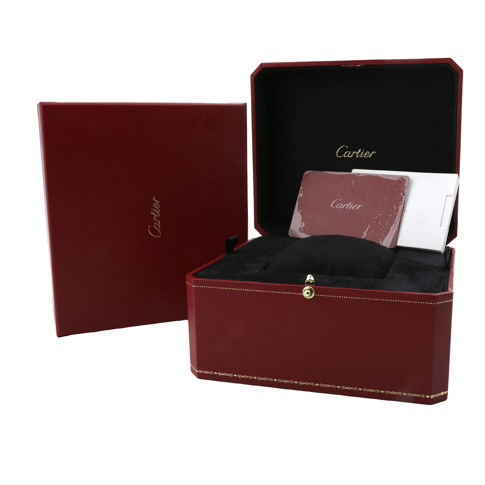 The image shows the Cartier Ballon Bleu WJBB0036 Women's Rose Gold Silver Dial packaging and accessories, including a red box, black interior, and booklet.