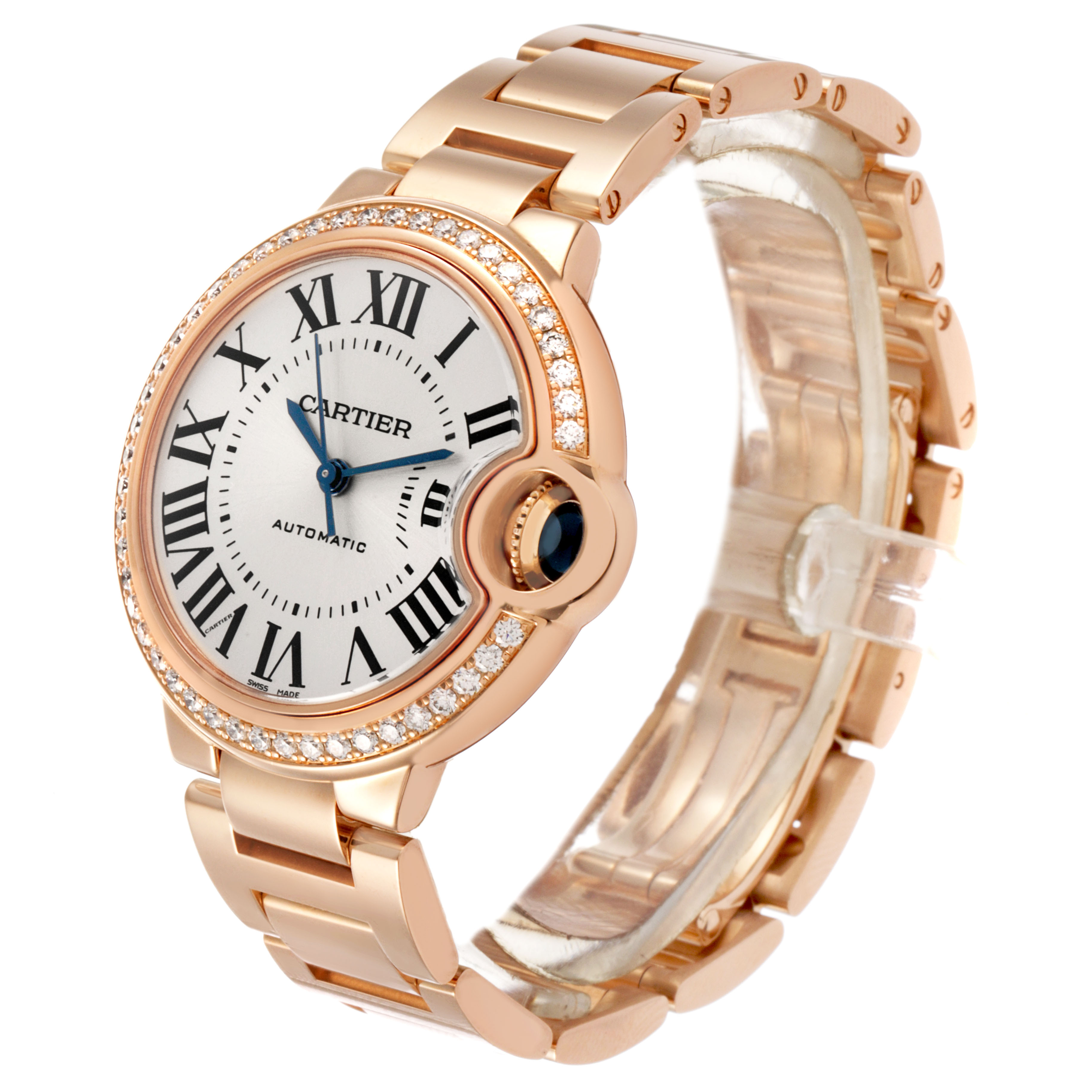 The Cartier Ballon Bleu WJBB0036 Women's Rose Gold Silver Dial watch is shown at an angle highlighting its round face, Roman numerals, metal bracelet, and diamond-set bezel.