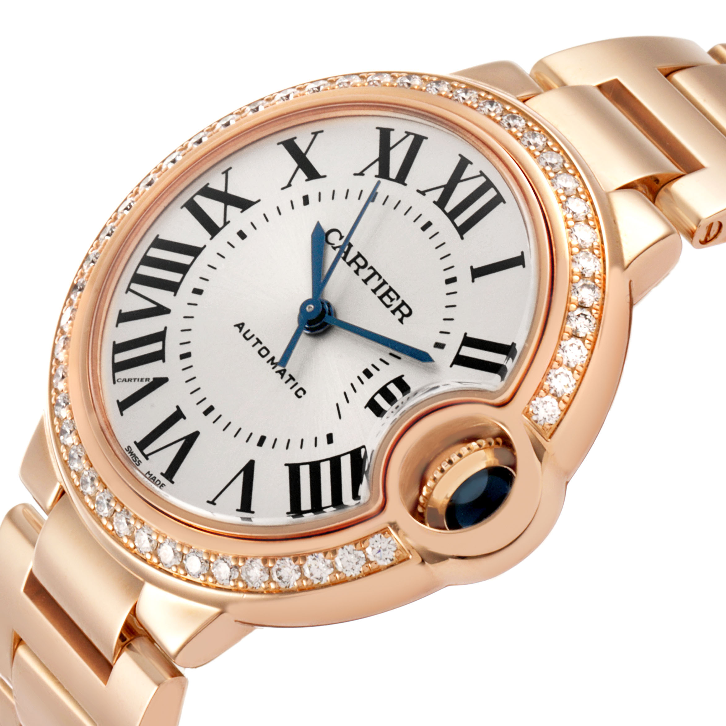 The Cartier Ballon Bleu WJBB0036 Women's Rose Gold Silver Dial watch is shown at an angle highlighting its round case, diamond bezel, metallic band, and crown detail.