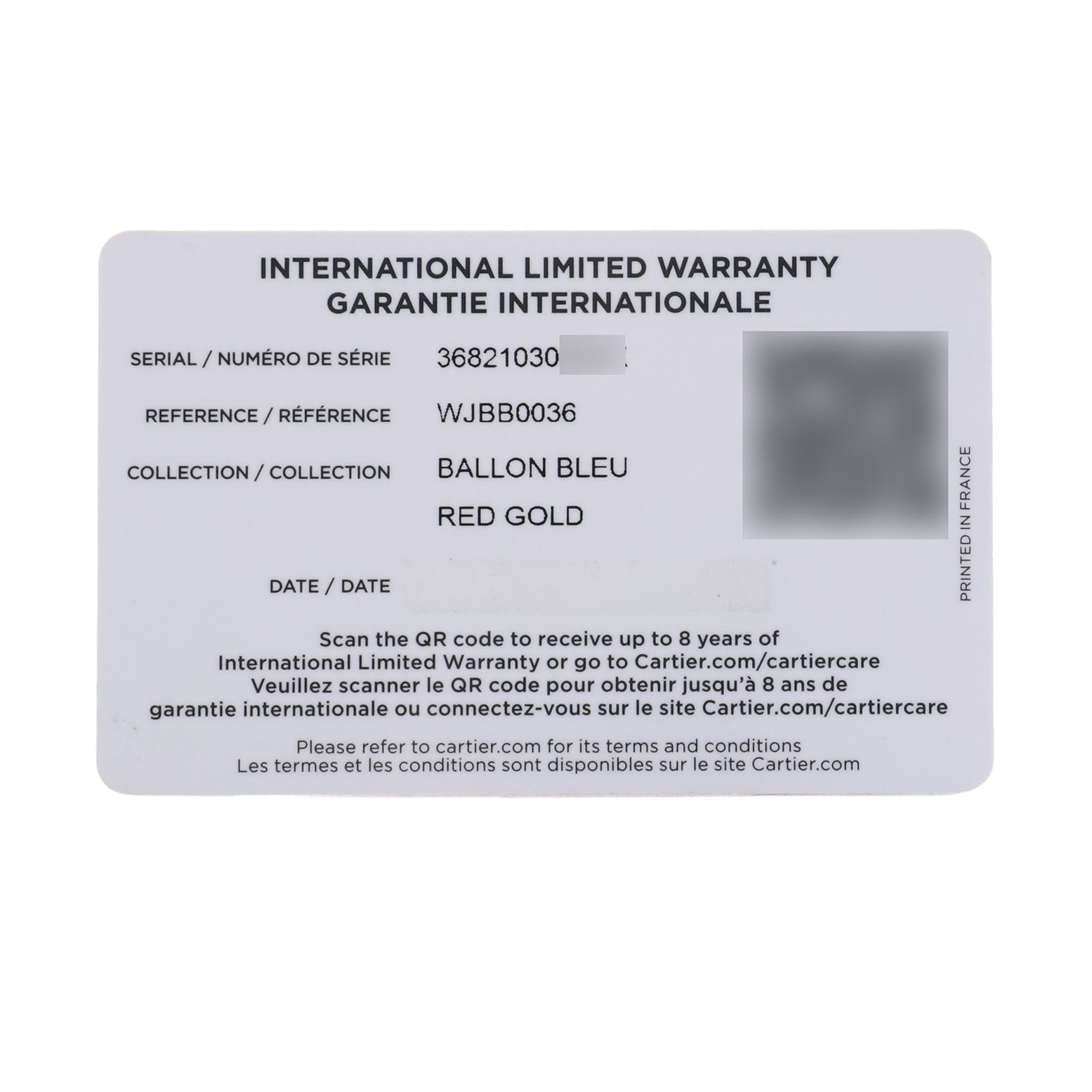 The image shows the Cartier Ballon Bleu WJBB0036 Women's Rose Gold Silver Dial watch's international warranty card from a top-down angle.