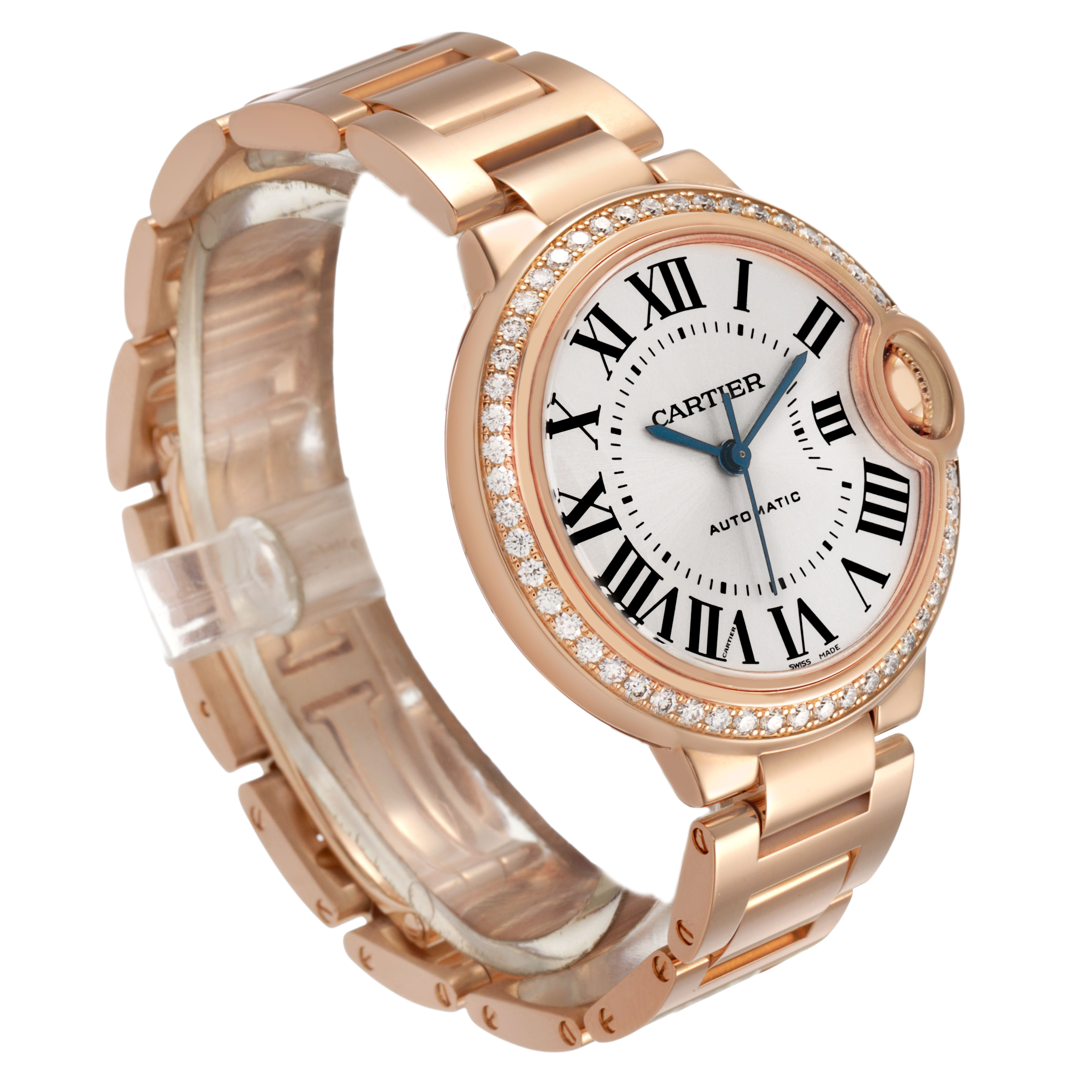 The Cartier Ballon Bleu WJBB0036 Women's Rose Gold Silver Dial watch is shown at an angled view, highlighting its round face, Roman numerals, and metal bracelet.