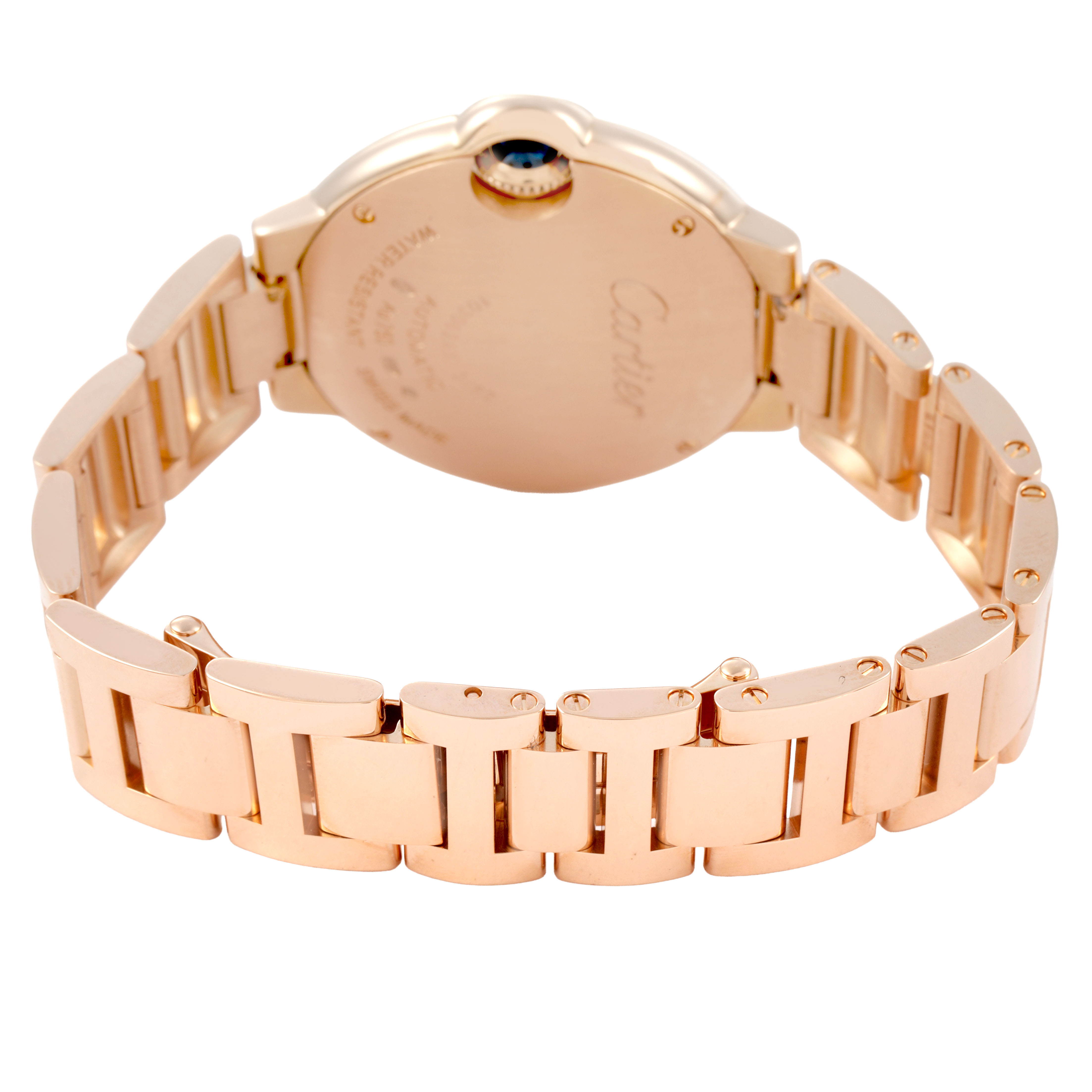 The image shows the back of the Ballon Bleu by Cartier, highlighting the bracelet and clasp in a gold tone.