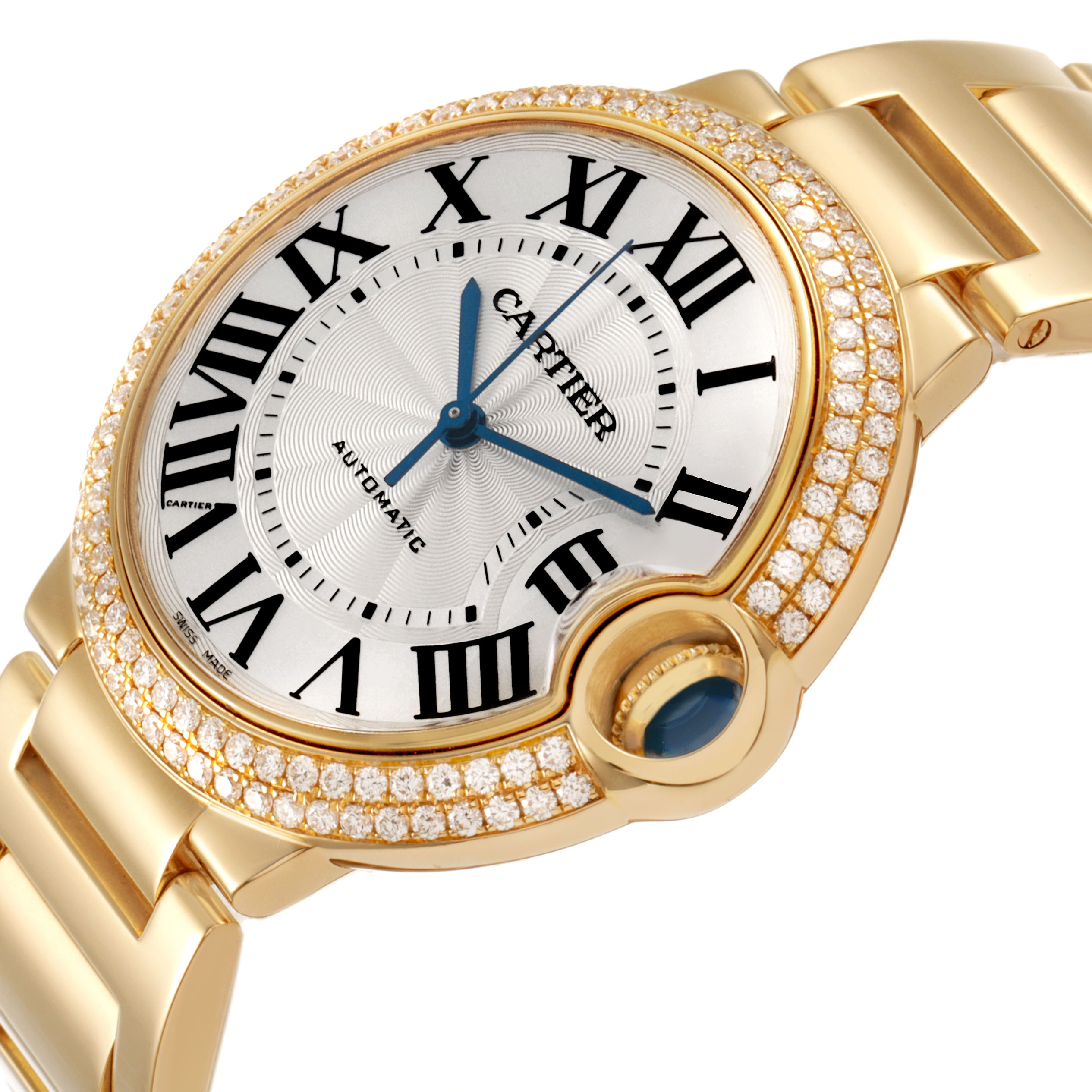 The Cartier Ballon Bleu WE9004Z3 Women's Yellow Gold Silver Dial watch is shown from a front angle, featuring its diamond-set bezel, Roman numeral dial, and gold bracelet.