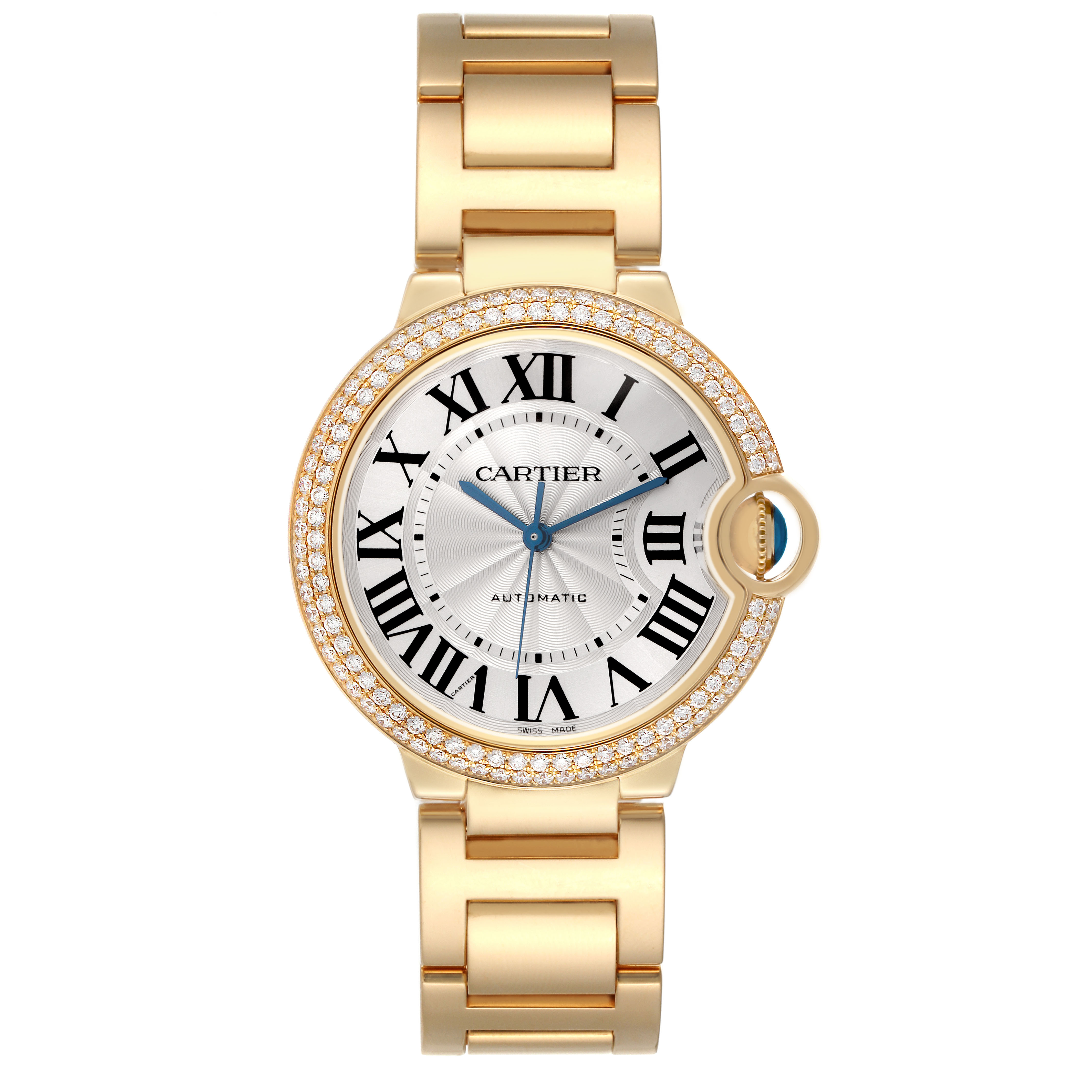 The Cartier Ballon Bleu WE9004Z3 Women's Yellow Gold Silver Dial watch is shown from a top view, highlighting its gold bracelet, Roman numeral dial, and diamond-set bezel.