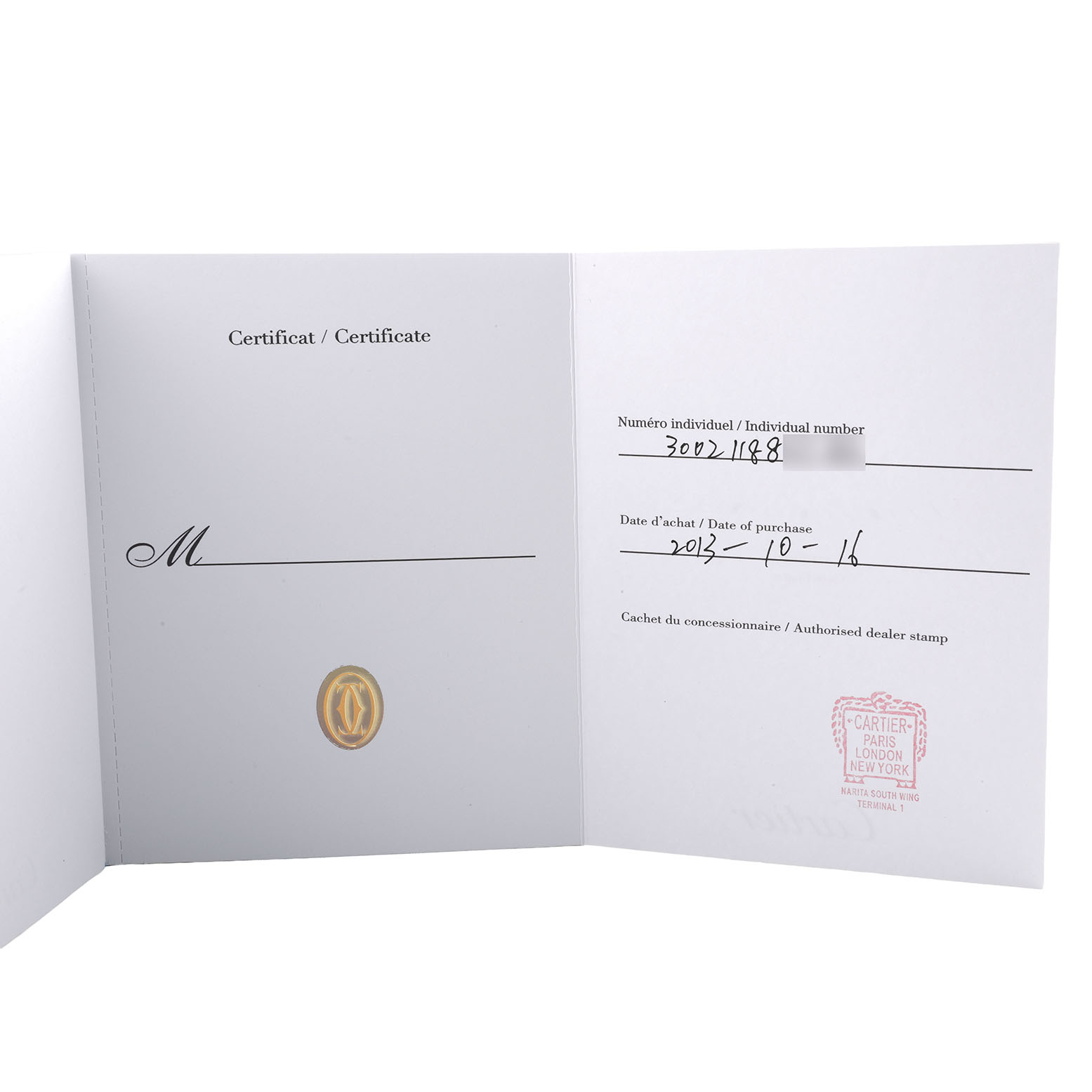 The image shows a certificate angled open, related to the Cartier Ballon Bleu WE9004Z3 Women's Yellow Gold Silver Dial model, displaying purchase details and stamp.