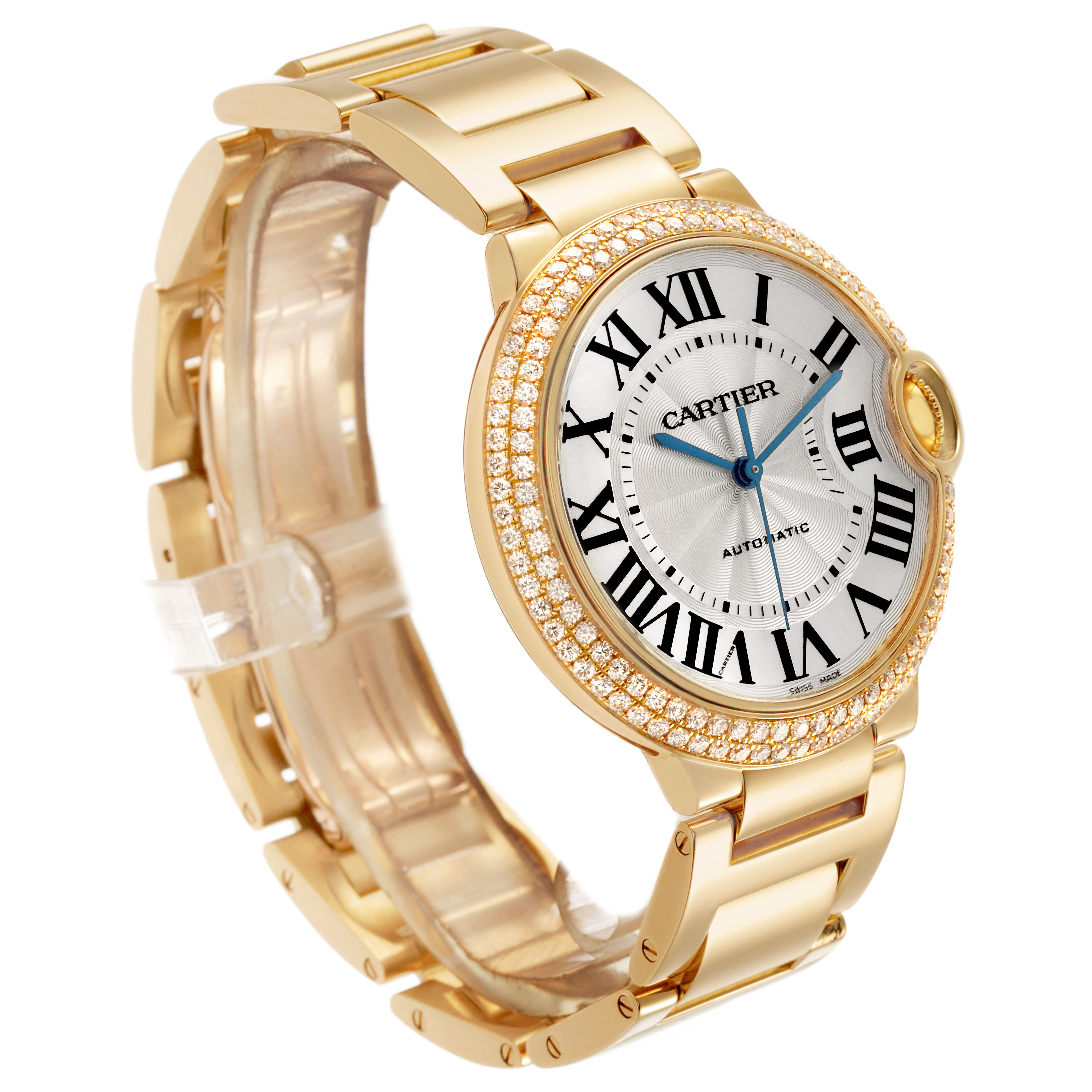 The Cartier Ballon Bleu WE9004Z3 Women's Yellow Gold Silver Dial watch is shown from a side angle, highlighting the bracelet, face, and diamond-set bezel.
