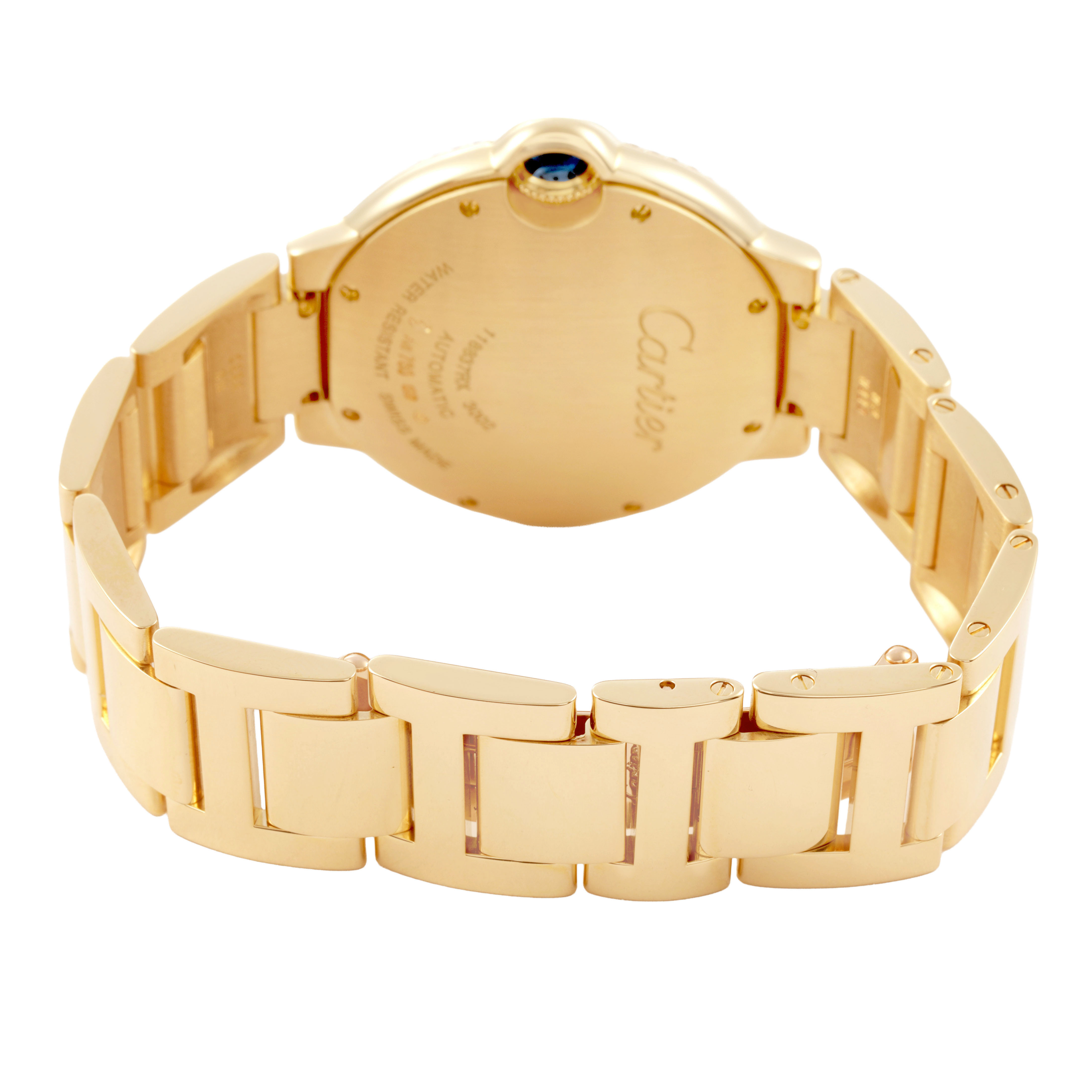 The image shows the back of a Cartier Ballon Bleu WE9004Z3 Women's Yellow Gold Silver Dial watch, highlighting its gold case, bracelet, and crown featuring a blue gemstone.
