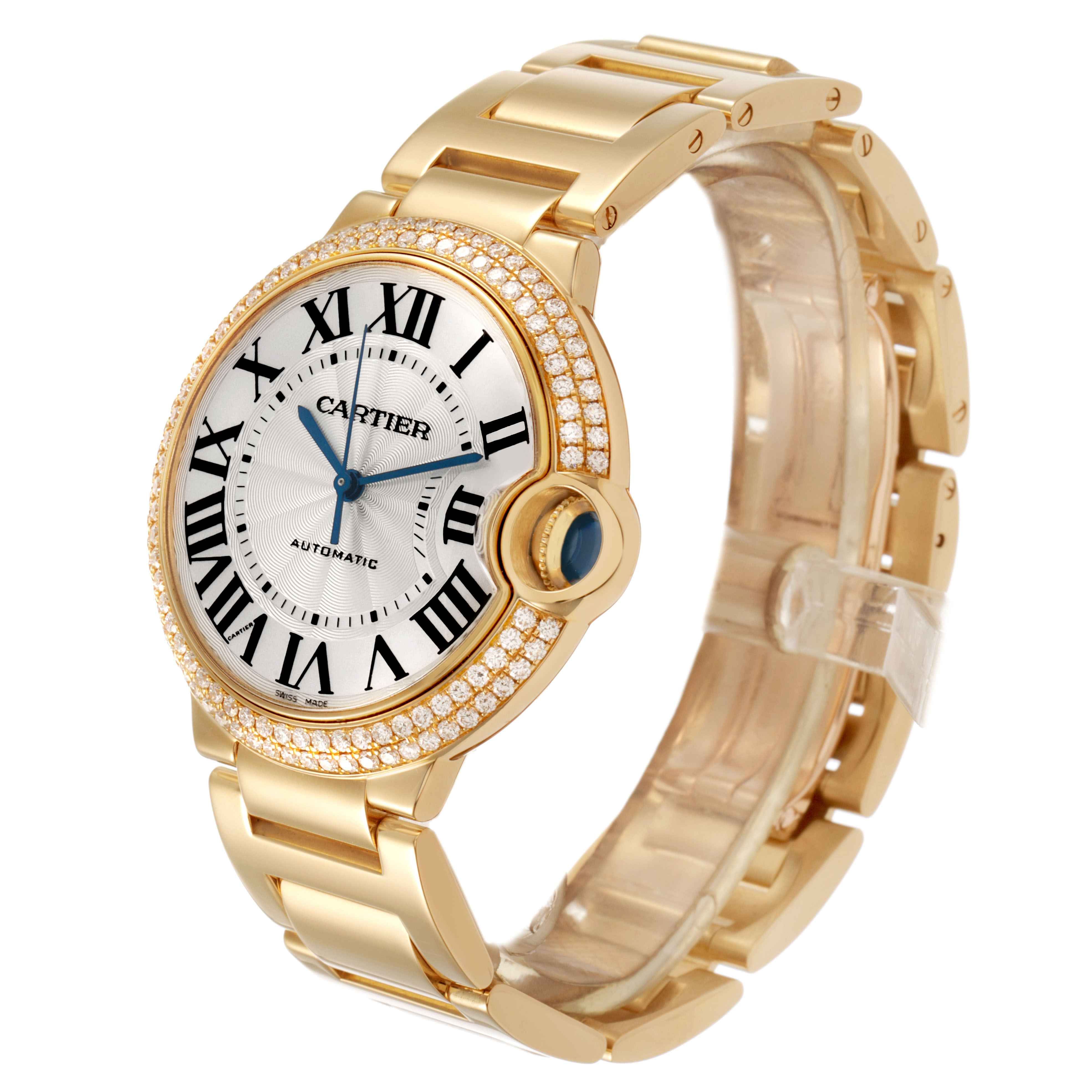 The Cartier Ballon Bleu WE9004Z3 Women's Yellow Gold Silver Dial watch is shown at a three-quarter angle, highlighting the face, bracelet, and diamond bezel.