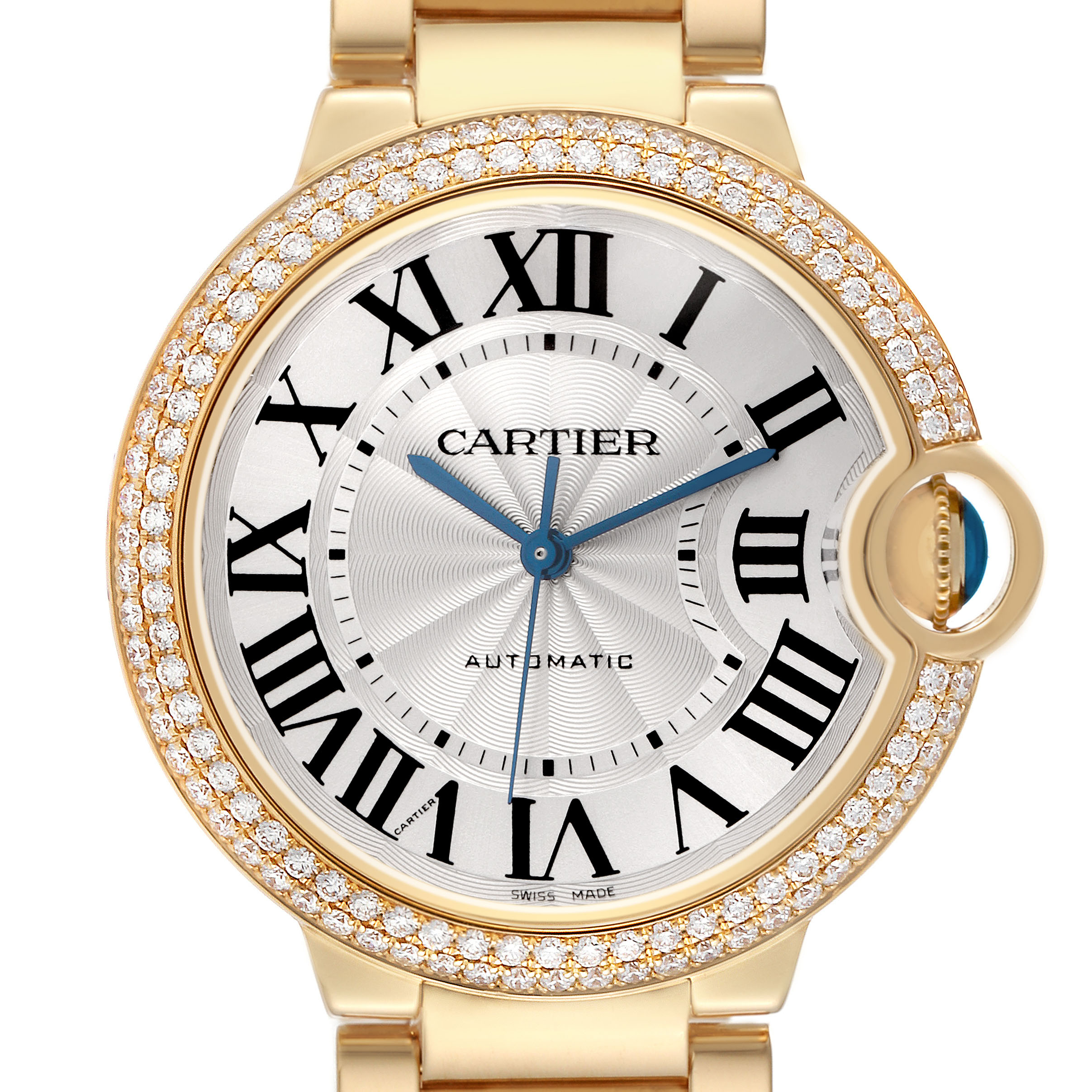 The Cartier Ballon Bleu WE9004Z3 Women's Yellow Gold Silver Dial watch is shown from the front, featuring a diamond bezel, Roman numerals, and blue hands.