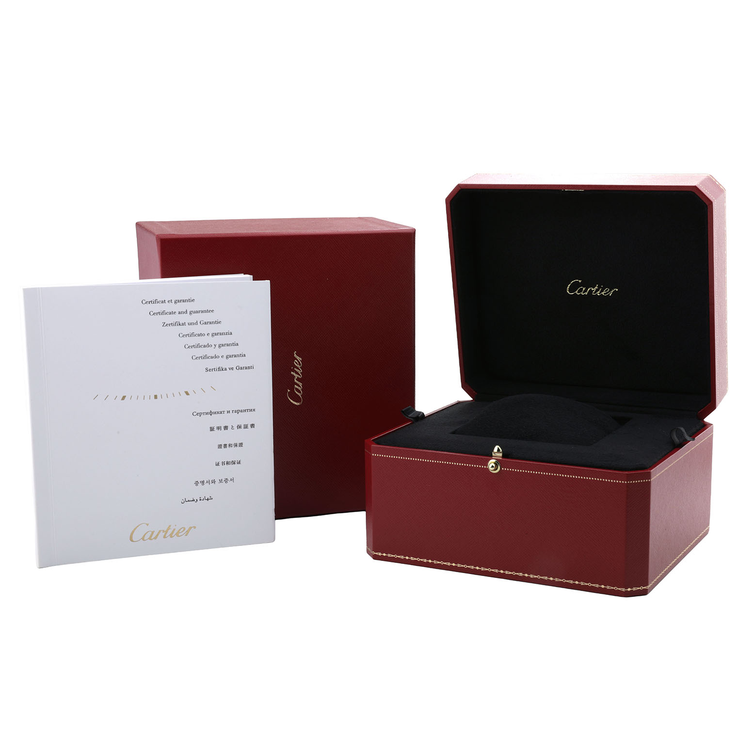 The image shows a Cartier Ballon Bleu WE9004Z3 Women's Yellow Gold Silver Dial watch box, an open box with a cushion, outer packaging, and a booklet.