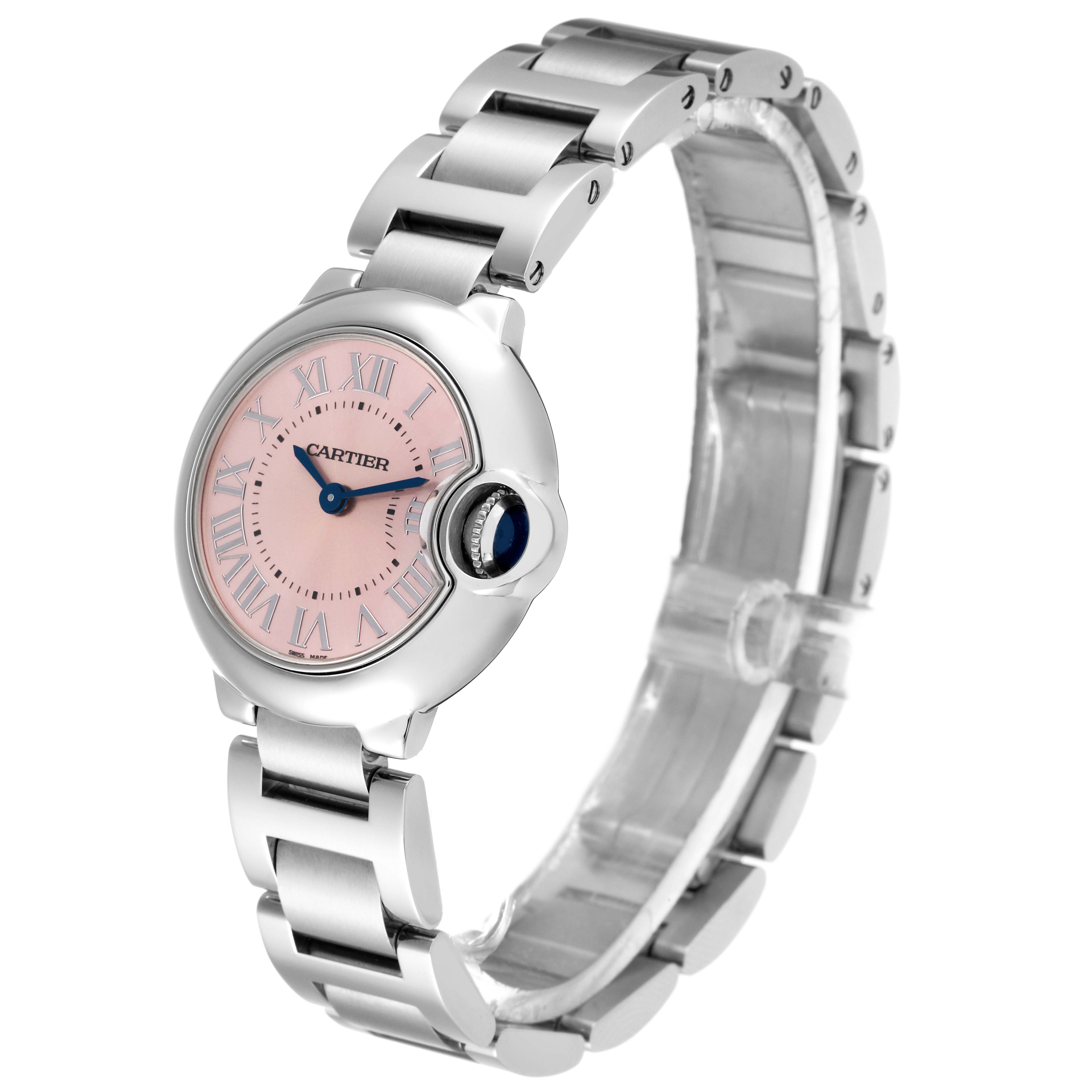 The image shows a Cartier Ballon Bleu W6920038 Women's Stainless Steel Pink Dial W6920038 Women's Stainless Steel Pink Dial watch from a three-quarter angle, highlighting its bracelet, pink dial, and crown.
