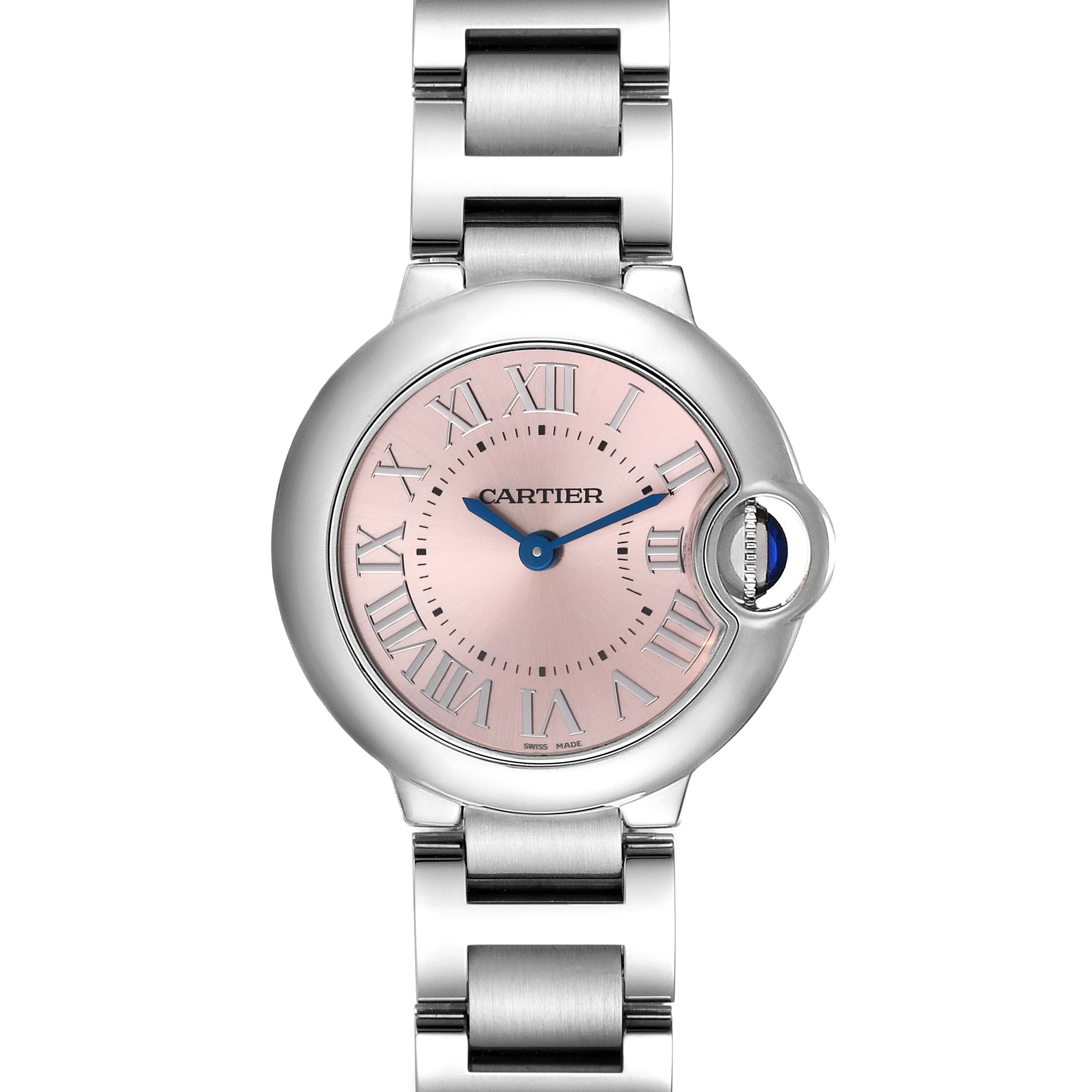 This image shows a front view of the Cartier Ballon Bleu W6920038 Women's Stainless Steel Pink Dial W6920038 Women's Stainless Steel Pink Dial watch highlighting its dial, hands, and bracelet.