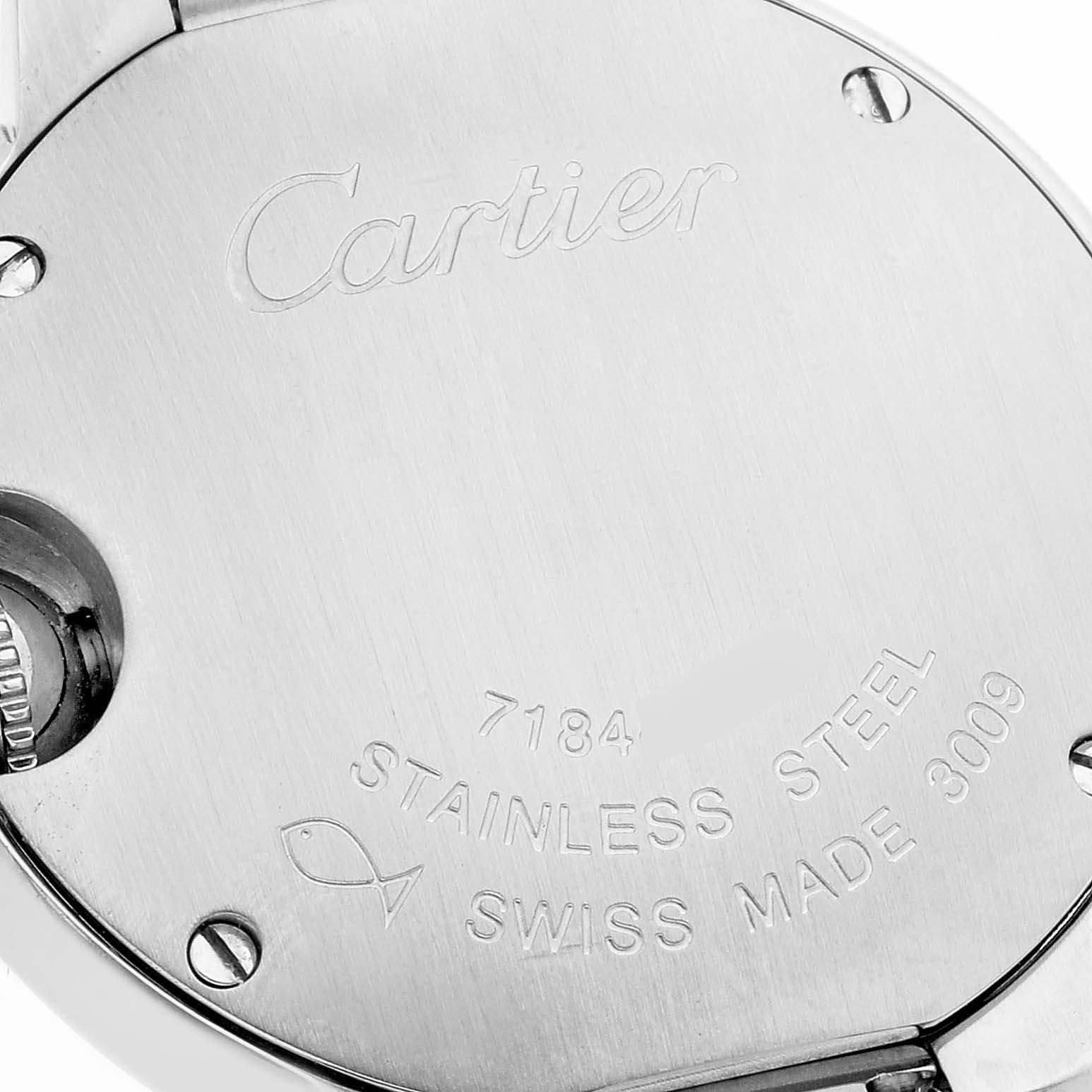 This image shows the back case of a Cartier Ballon Bleu W6920038 Women's Stainless Steel Pink Dial W6920038 Women's Stainless Steel Pink Dial watch, highlighting the engravings and stainless steel material.