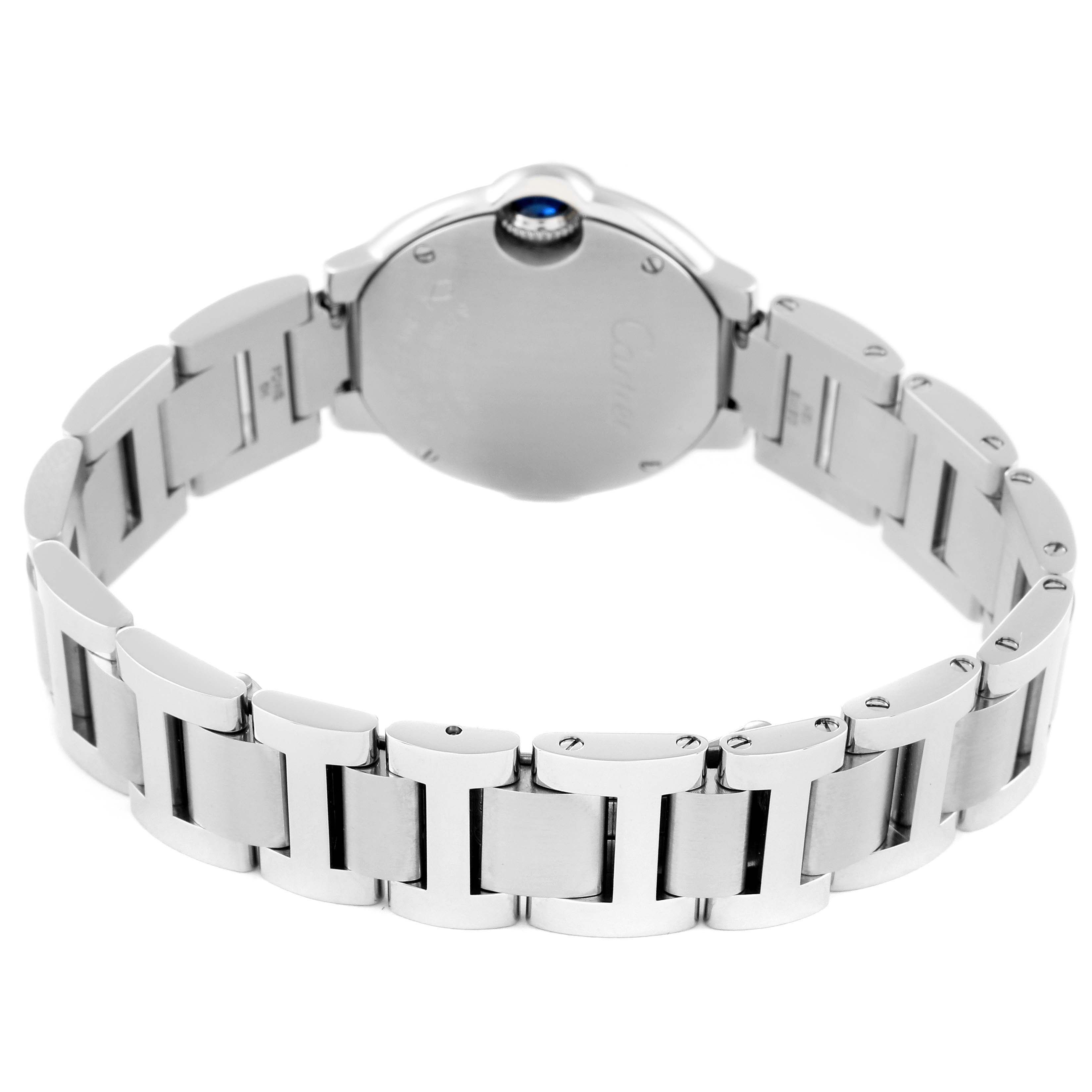 The image shows the back and bracelet of a Cartier Ballon Bleu W6920038 Women's Stainless Steel Pink Dial W6920038 Women's Stainless Steel Pink Dial watch, highlighting its stainless steel strap and case back.