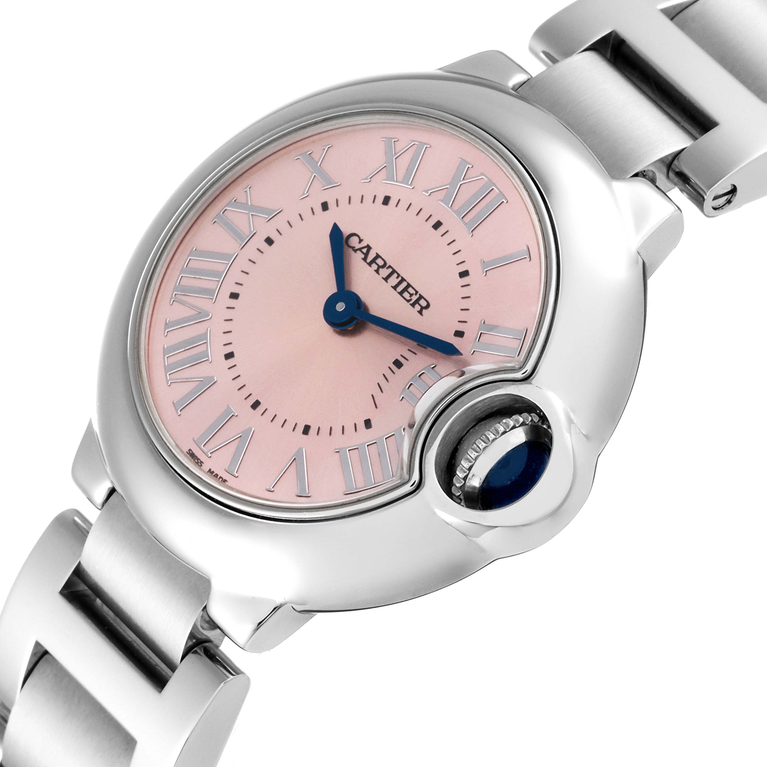 The image shows a close-up of the Cartier Ballon Bleu W6920038 Women's Stainless Steel Pink Dial W6920038 Women's Stainless Steel Pink Dial watch, highlighting the pink dial, Roman numerals, and blue cabochon crown.