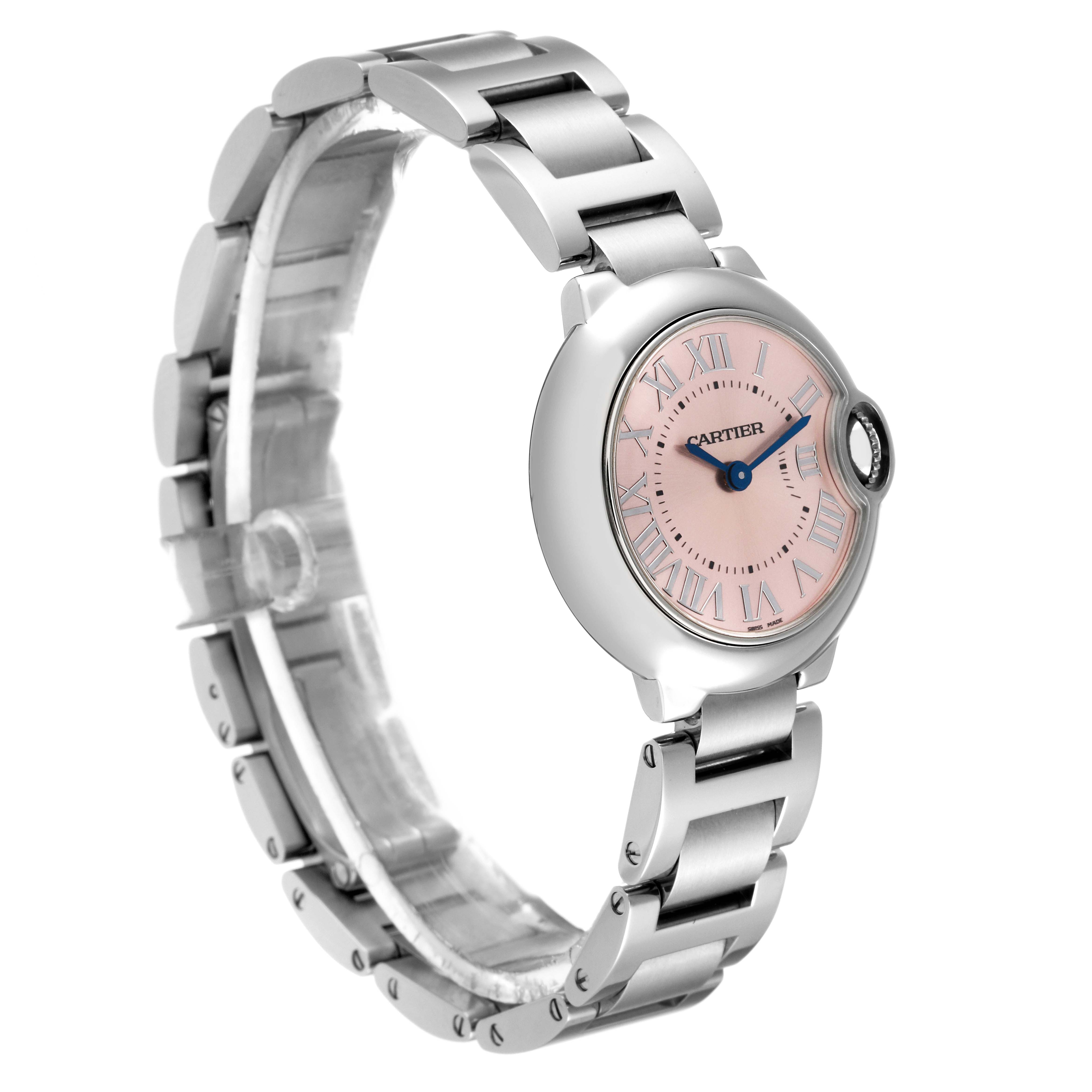 The image shows a side angle view of a Cartier Ballon Bleu W6920038 Women's Stainless Steel Pink Dial W6920038 Women's Stainless Steel Pink Dial watch, highlighting the bracelet, case, and crown.