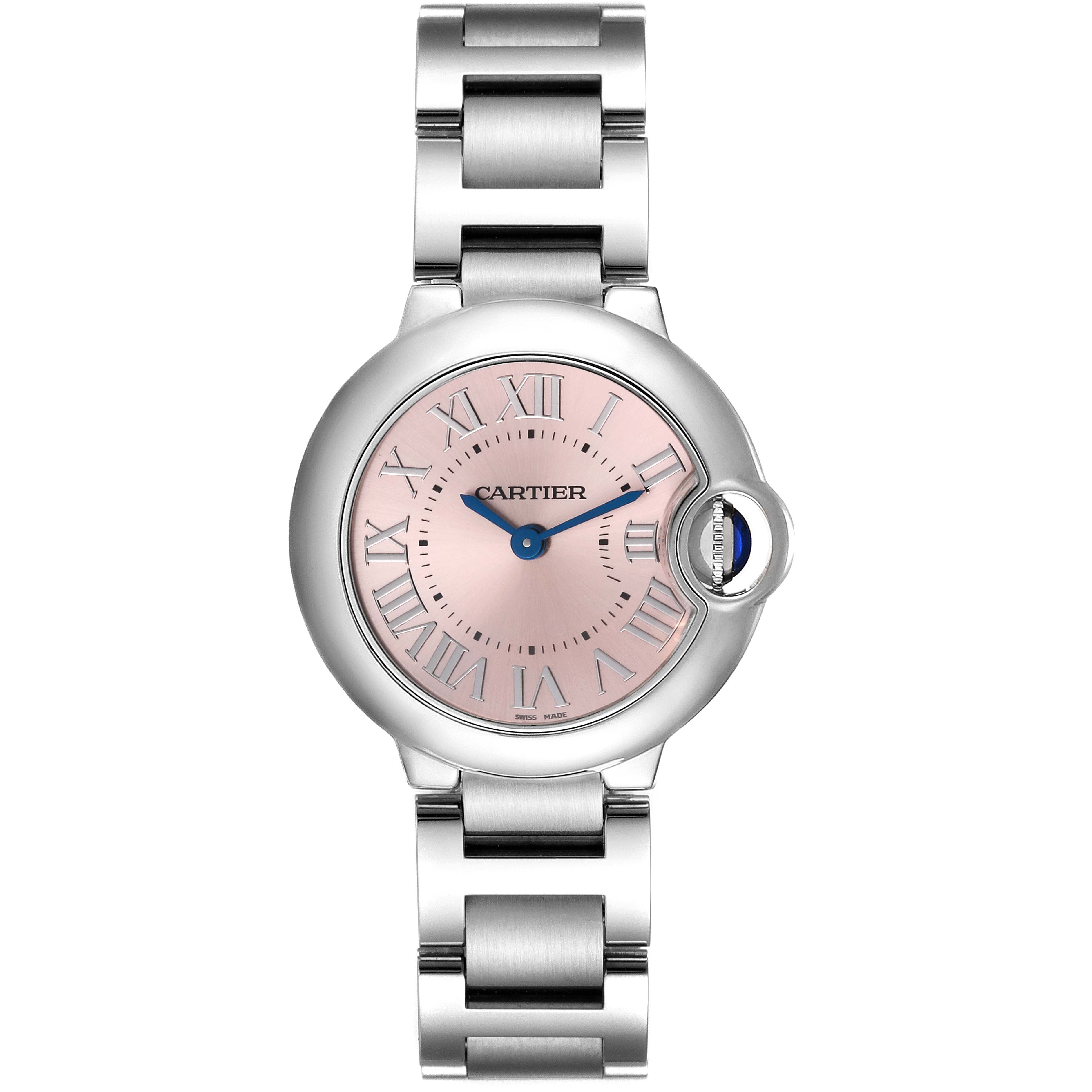 This image shows a Ballon Bleu model by Cartier from a front view, highlighting the watch face and stainless steel bracelet.