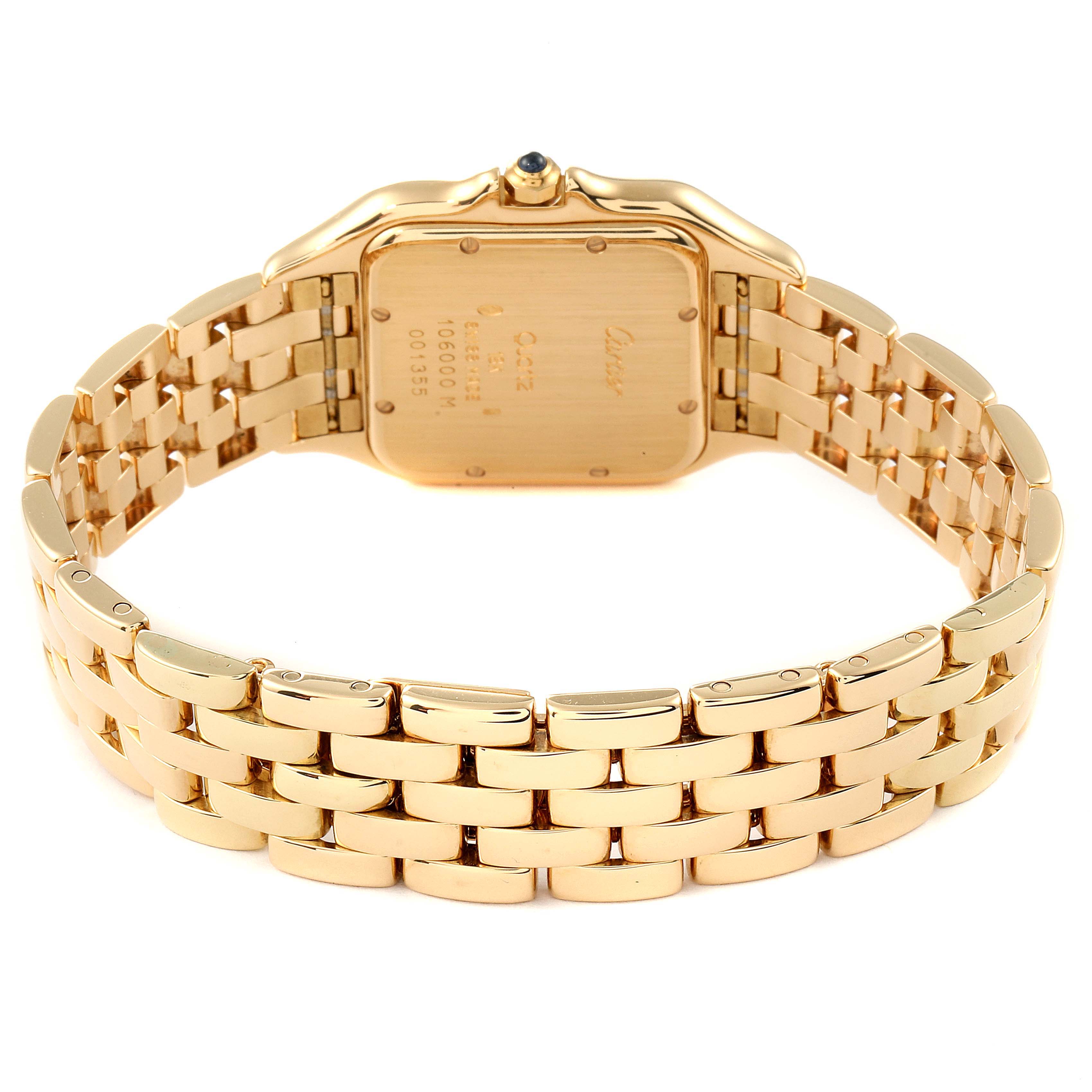 This image shows the back view of the watch case and bracelet of the Panthere model by Cartier.