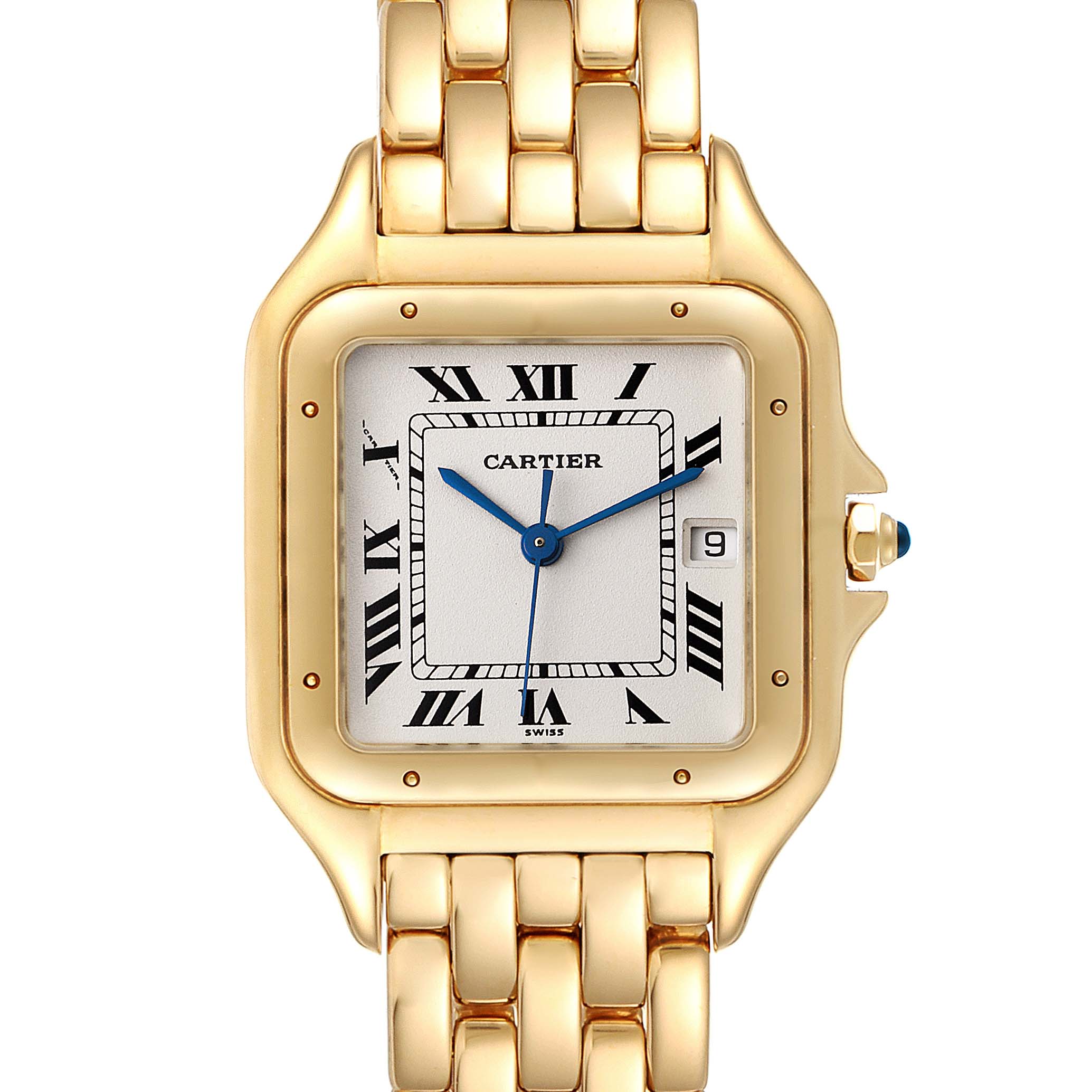 This image shows the front face of a Panthere model by Cartier, highlighting the watch's dial, hands, bracelet, and date window.