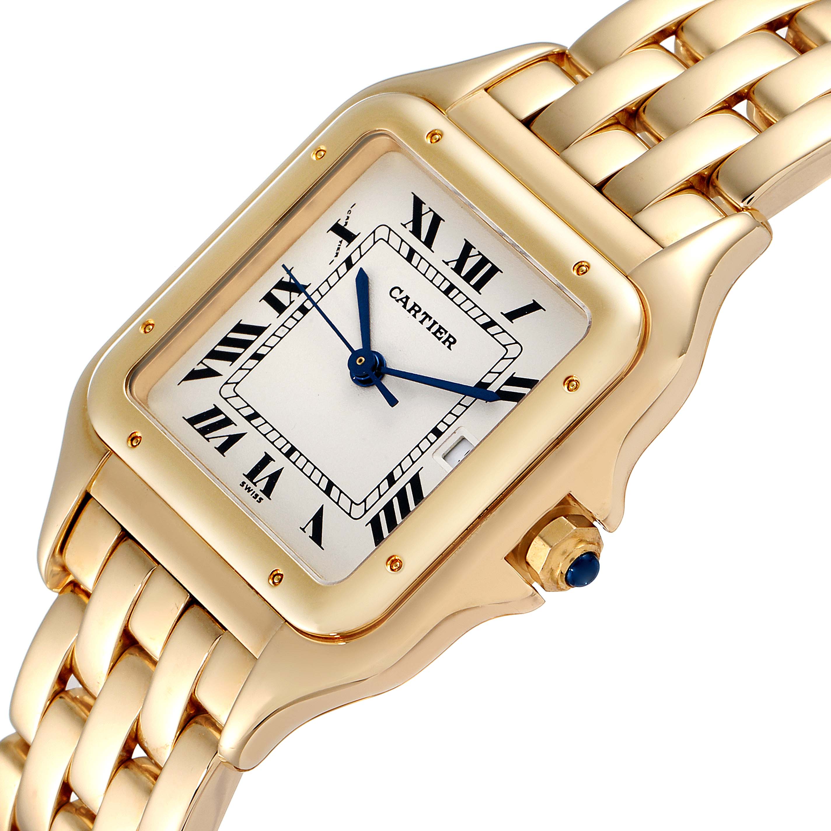 The image shows a close-up angle of the Cartier Panthere W25014B9 Men's Yellow Gold Silver Dial W25014B9 Men's Yellow Gold Silver Dial model watch, highlighting its gold case, dial, and band.