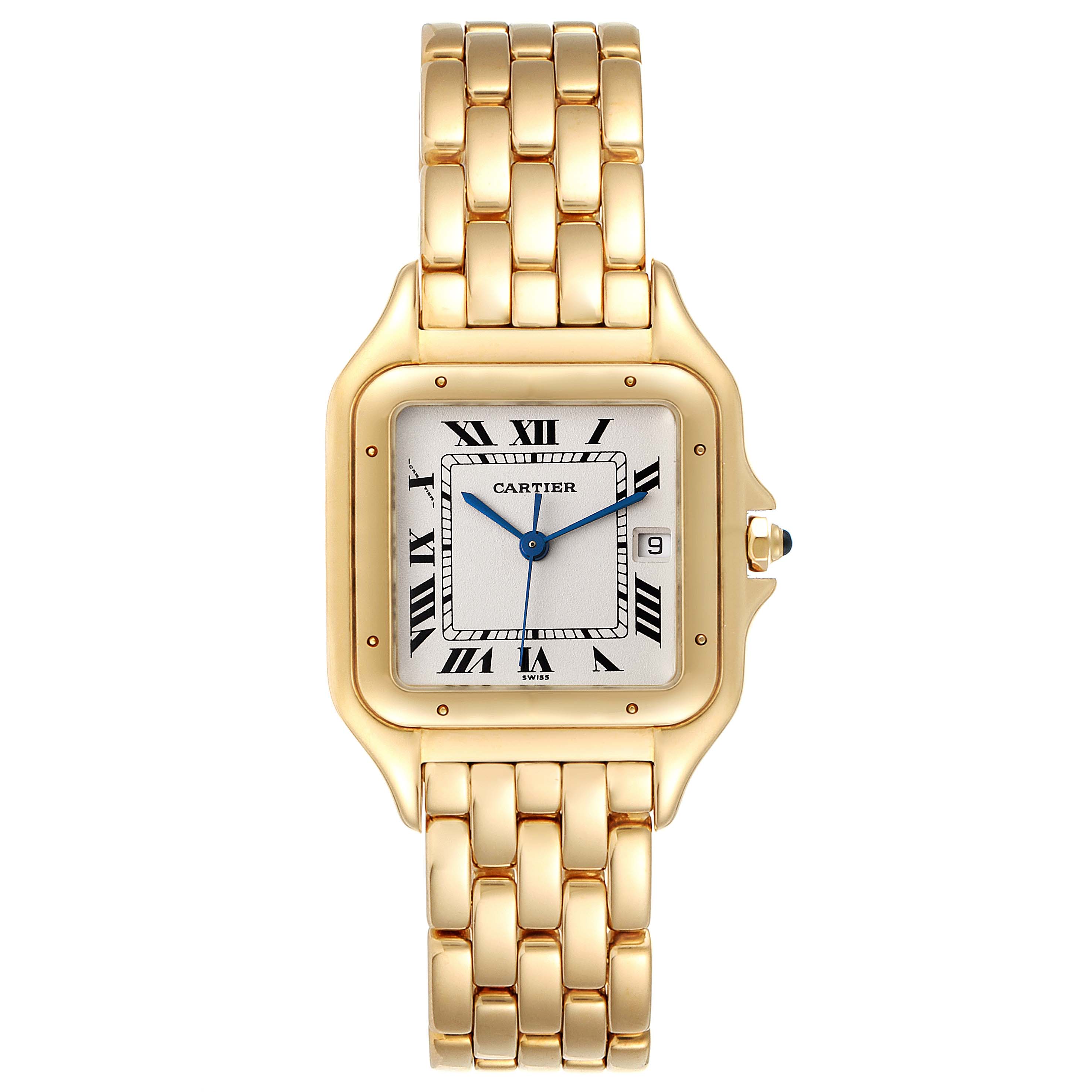 This image shows a front-facing view of a Cartier Panthère watch, highlighting its gold bracelet, square case, and Roman numeral dial.