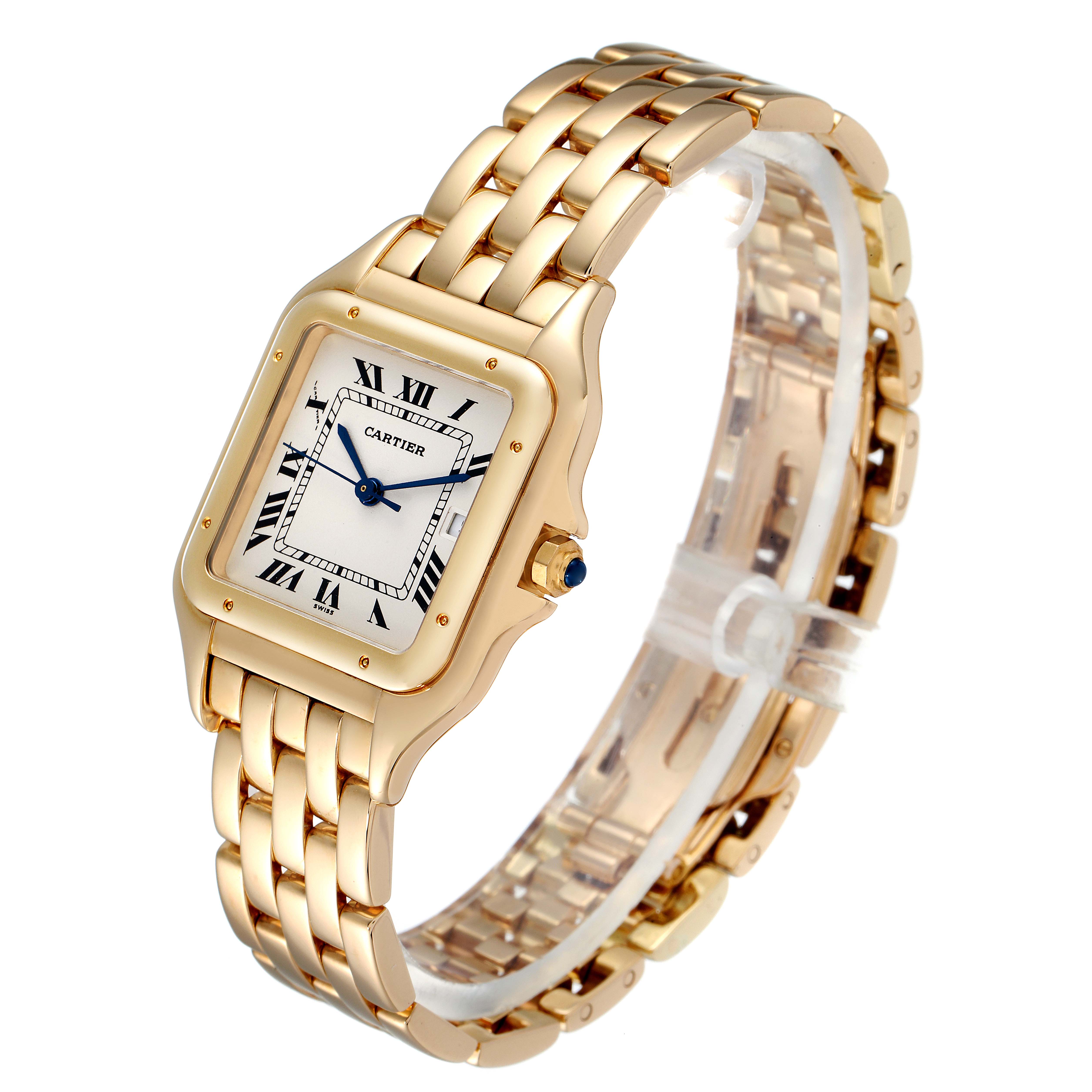The Cartier Panthere W25014B9 Men's Yellow Gold Silver Dial W25014B9 Men's Yellow Gold Silver Dial watch is shown from a 3/4 angle, displaying its gold bracelet, square face, roman numerals, and blue hands with a sapphire crown.