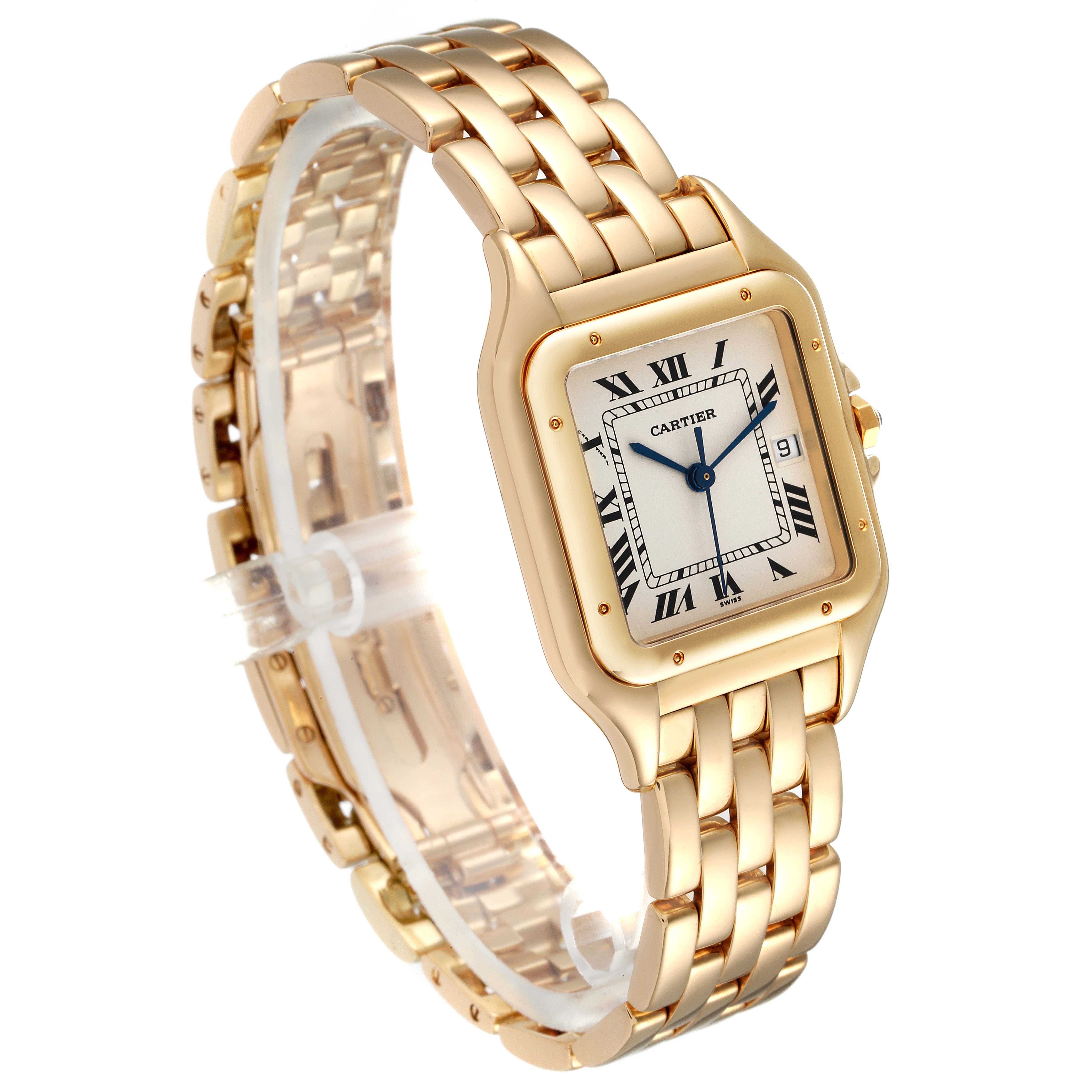 The image shows a Cartier Panthere W25014B9 Men's Yellow Gold Silver Dial W25014B9 Men's Yellow Gold Silver Dial watch from an angled side view, displaying the gold bracelet and watch face.