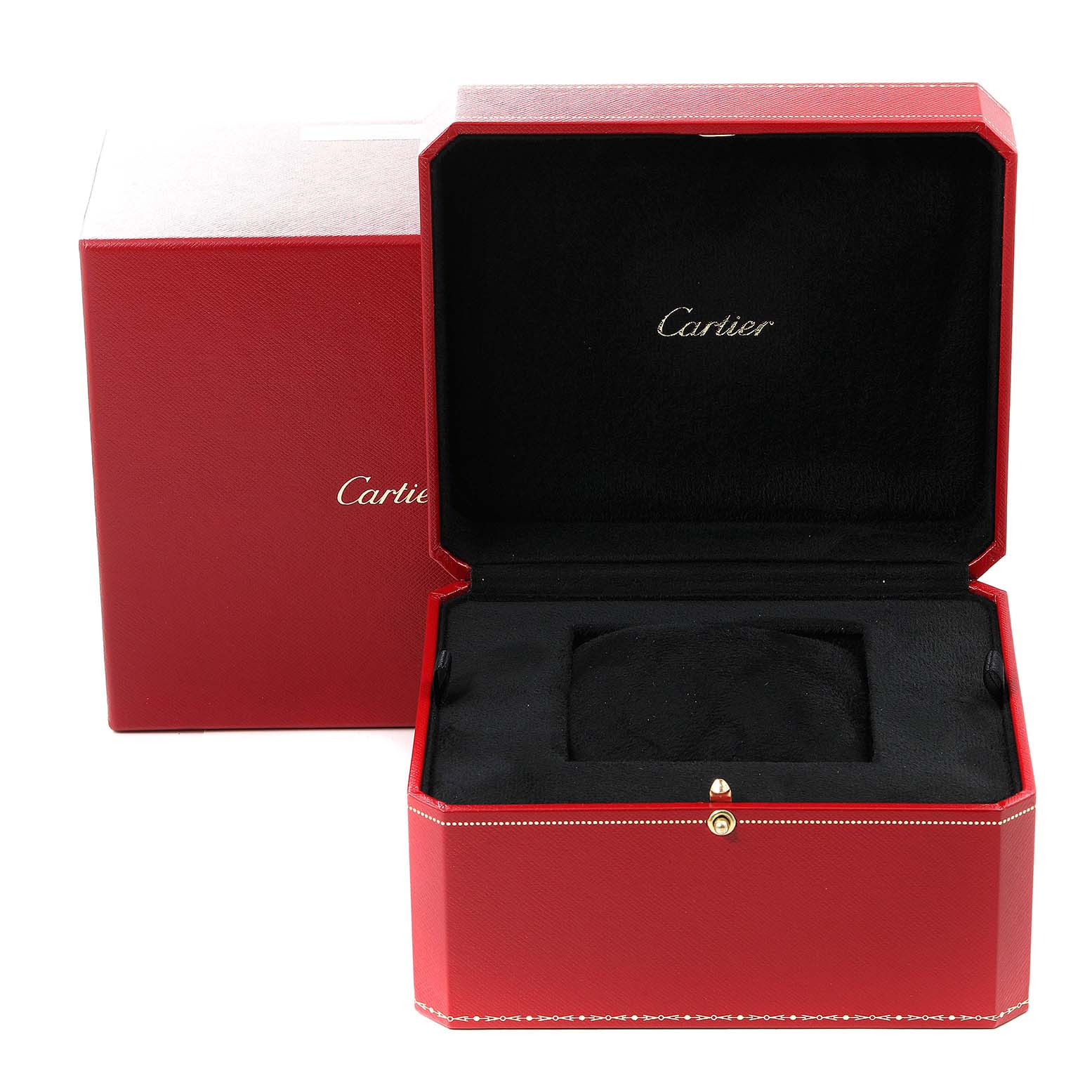 This image shows an open Cartier Panthere W25014B9 Men's Yellow Gold Silver Dial W25014B9 Men's Yellow Gold Silver Dial watch box with an inner cushion and outer box visible from the front angle.