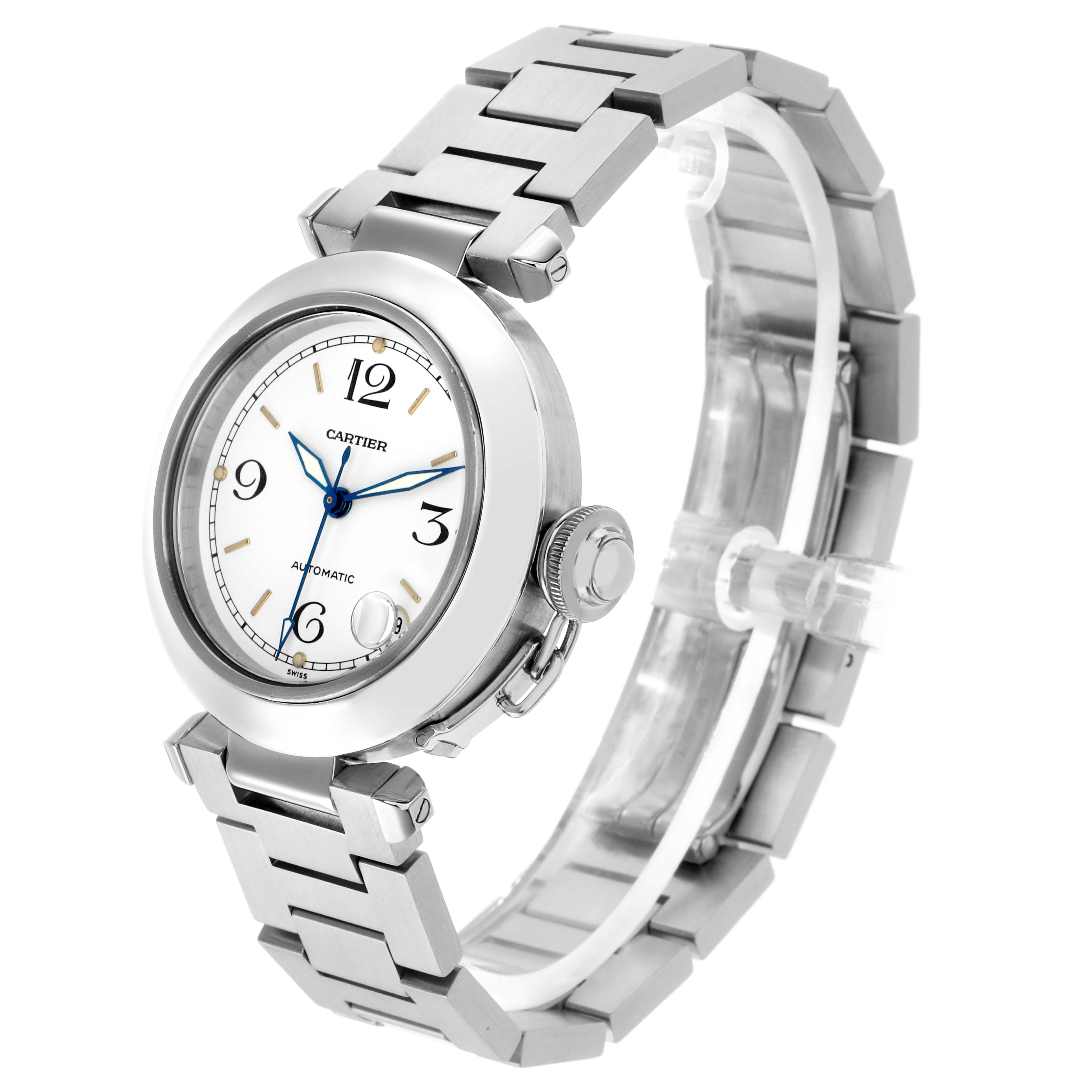The Cartier Pasha W31015M7 Men
s Stainless Steel White Dial watch is shown at a three-quarter angle, highlighting its face, crown, and stainless steel bracelet.