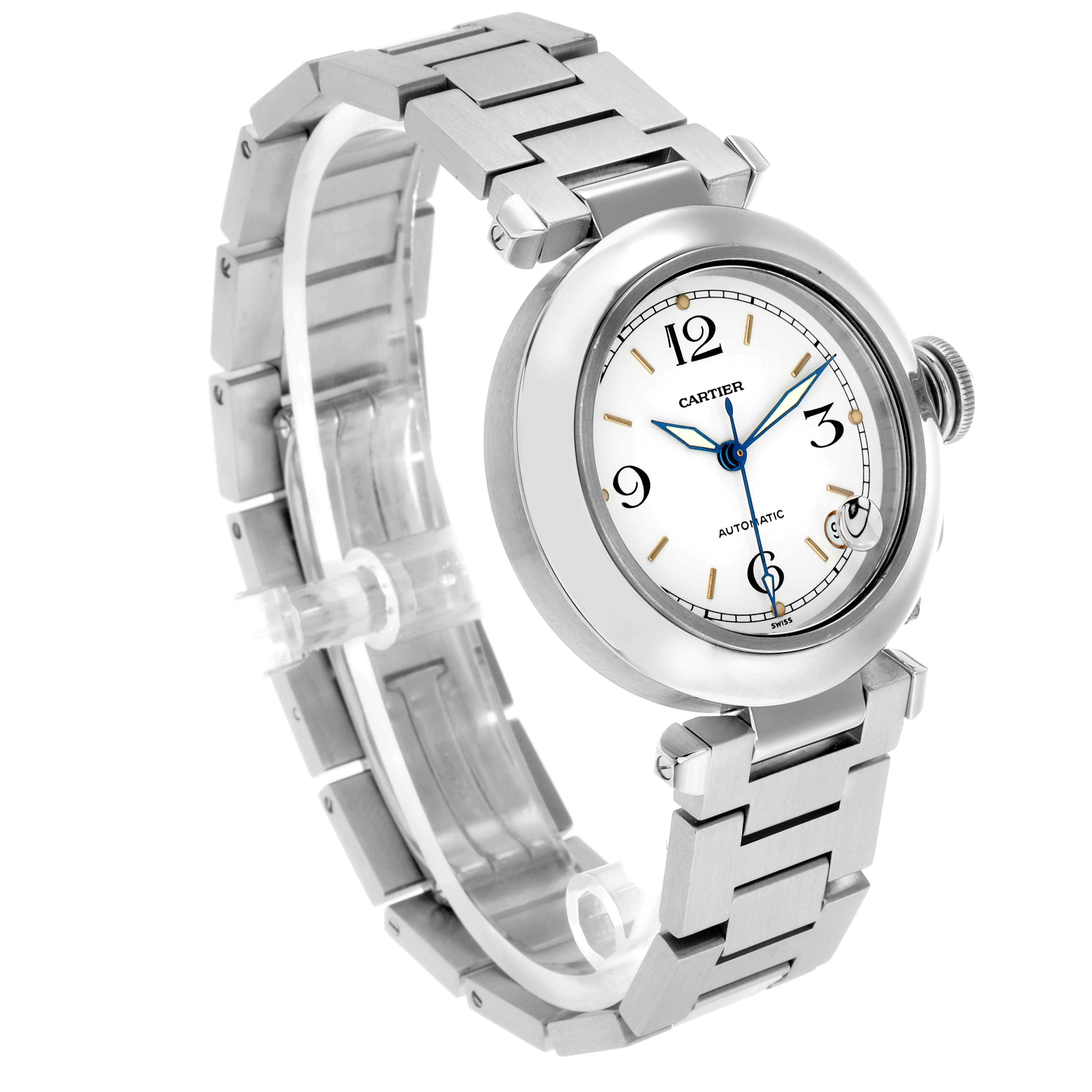 The Cartier Pasha W31015M7 Men
s Stainless Steel White Dial watch is shown at a three-quarter angle, highlighting the face, bezel, crown, and metal bracelet.