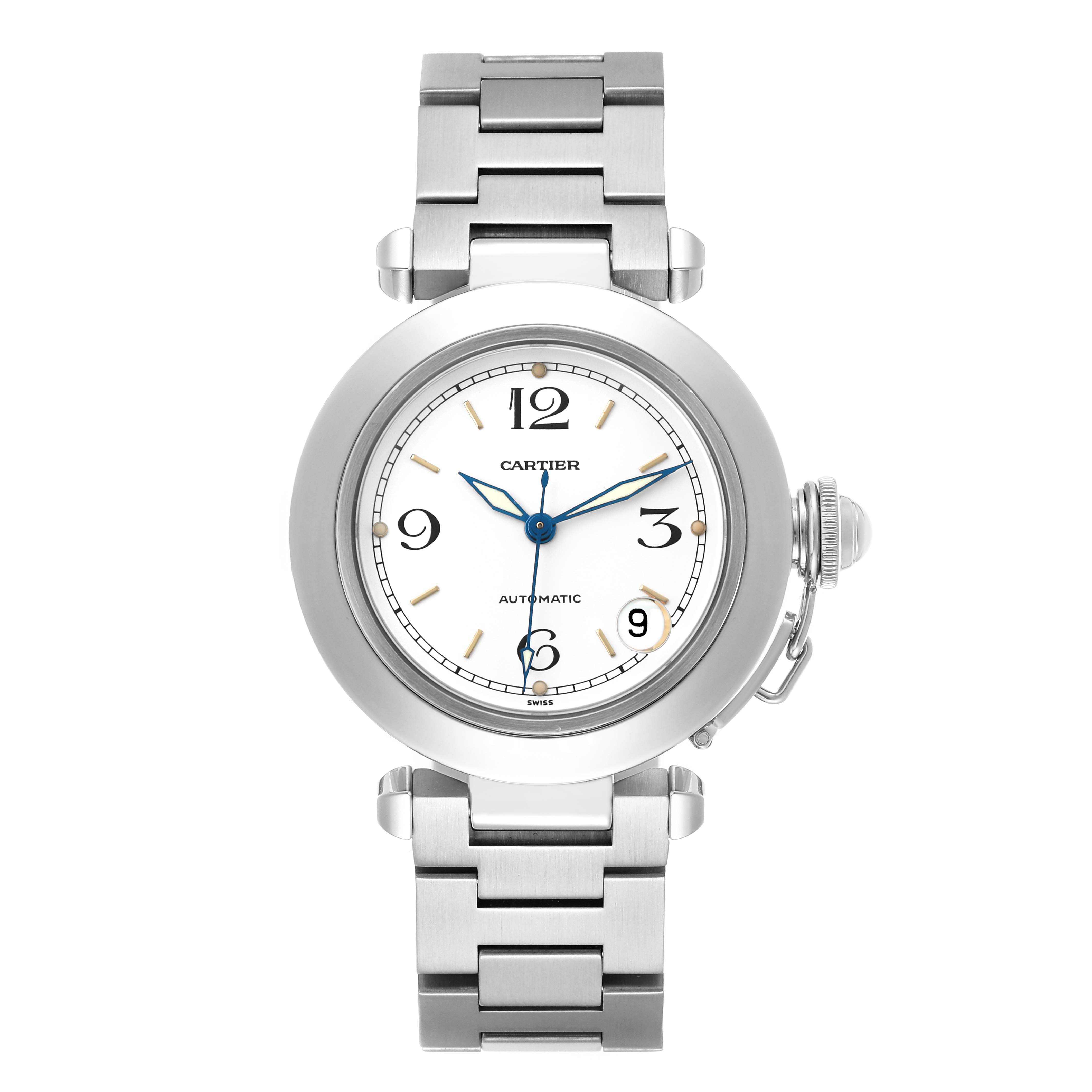 The Cartier Pasha W31015M7 Men
s Stainless Steel White Dial watch is shown from a front angle, displaying the dial, hands, bezel, and bracelet.