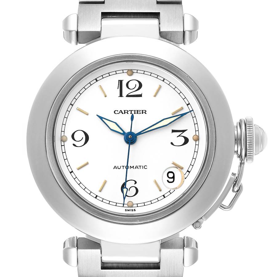 The Cartier Pasha W31015M7 Men's Stainless Steel White Dial watch is shown from a front view, displaying its dial, hands, numeric markers, and part of its bracelet and crown.