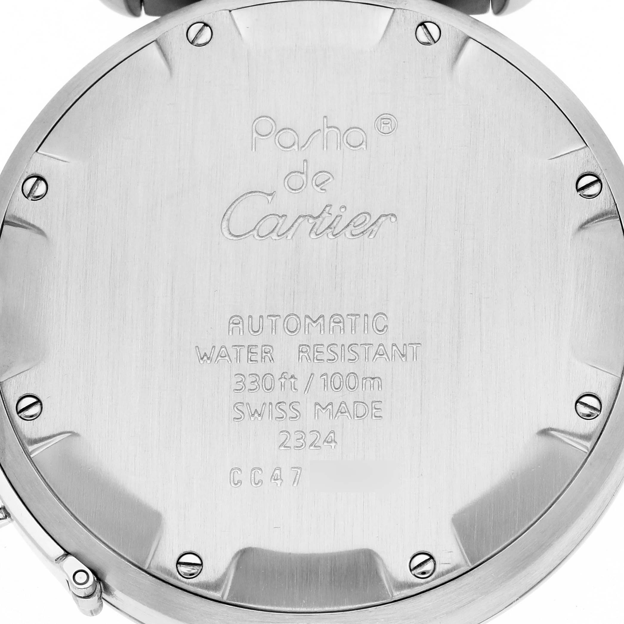 The image shows the back case of a Cartier Pasha W31015M7 Men
s Stainless Steel White Dial watch, highlighting engravings and screws.