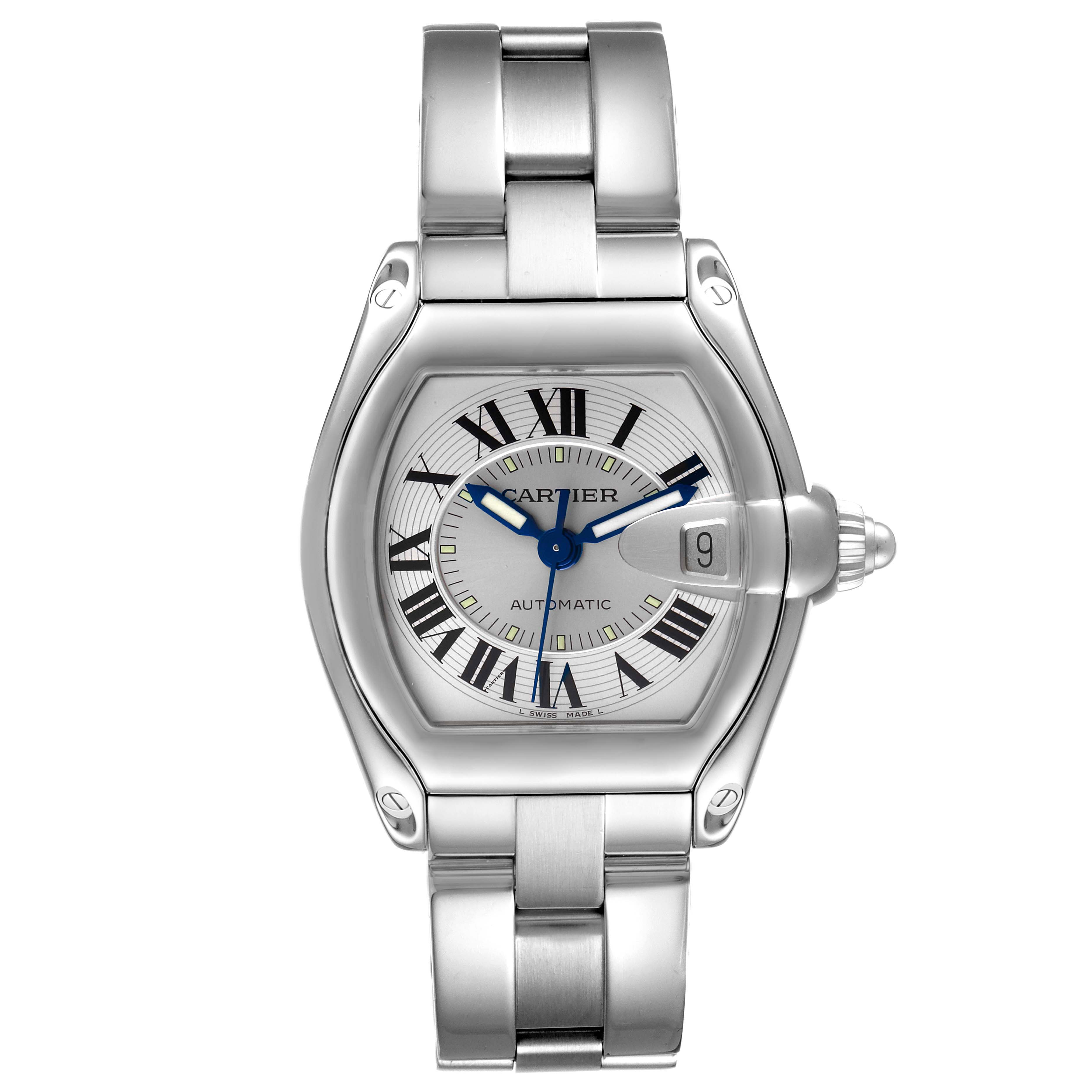 The Cartier Roadster W62000V3 Men
s Stainless Steel Silver Dial W62000V3 Men
s Stainless Steel Silver Dial watch is shown from the front, displaying its face, bezel, bracelet, and crown.