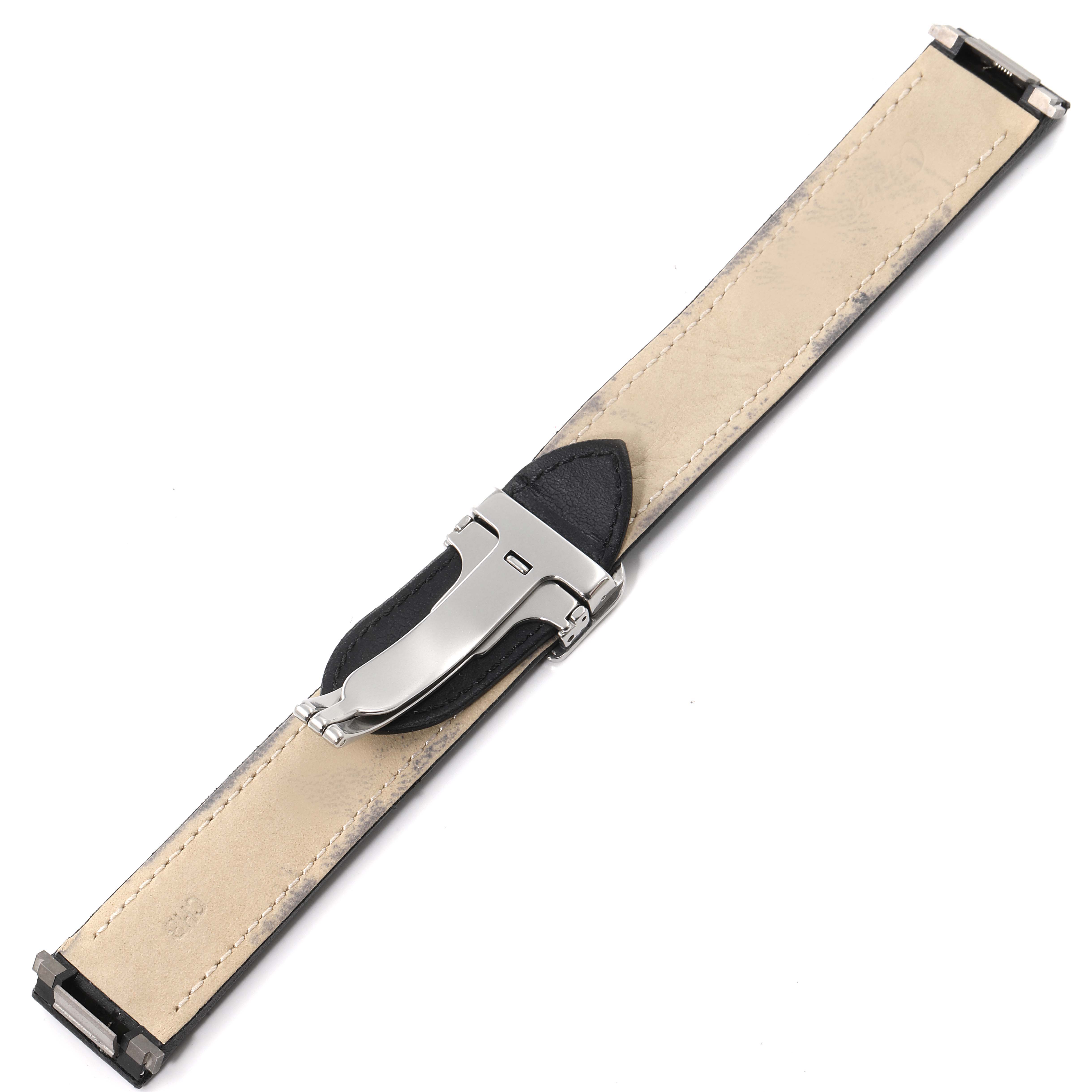 The image shows the back side of the Cartier Roadster W62000V3 Men
s Stainless Steel Silver Dial W62000V3 Men
s Stainless Steel Silver Dial watch strap with its deployant clasp fully visible.