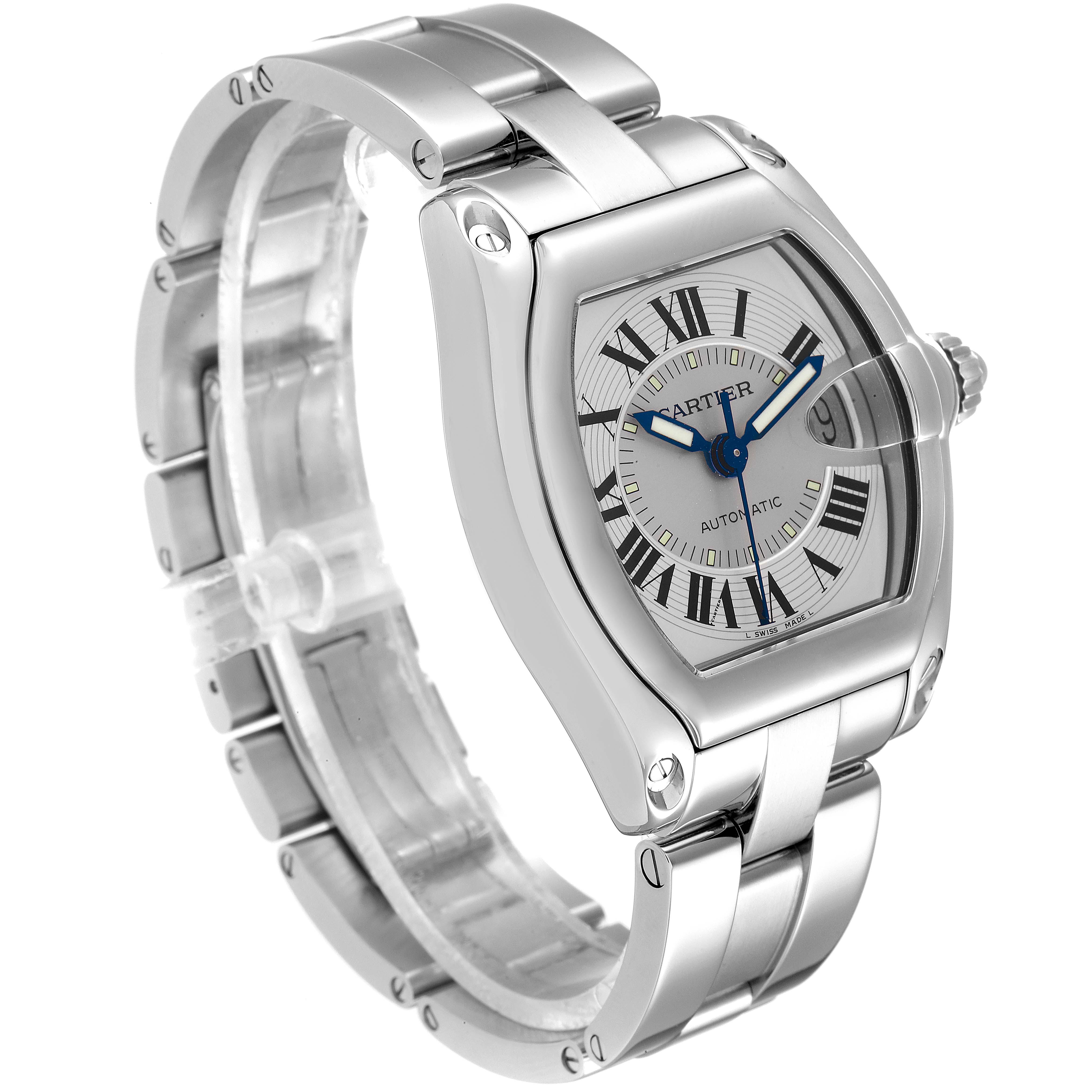 The image shows a three-quarter view of a Cartier Roadster W62000V3 Men
s Stainless Steel Silver Dial W62000V3 Men
s Stainless Steel Silver Dial watch, highlighting its face, bracelet, and crown.