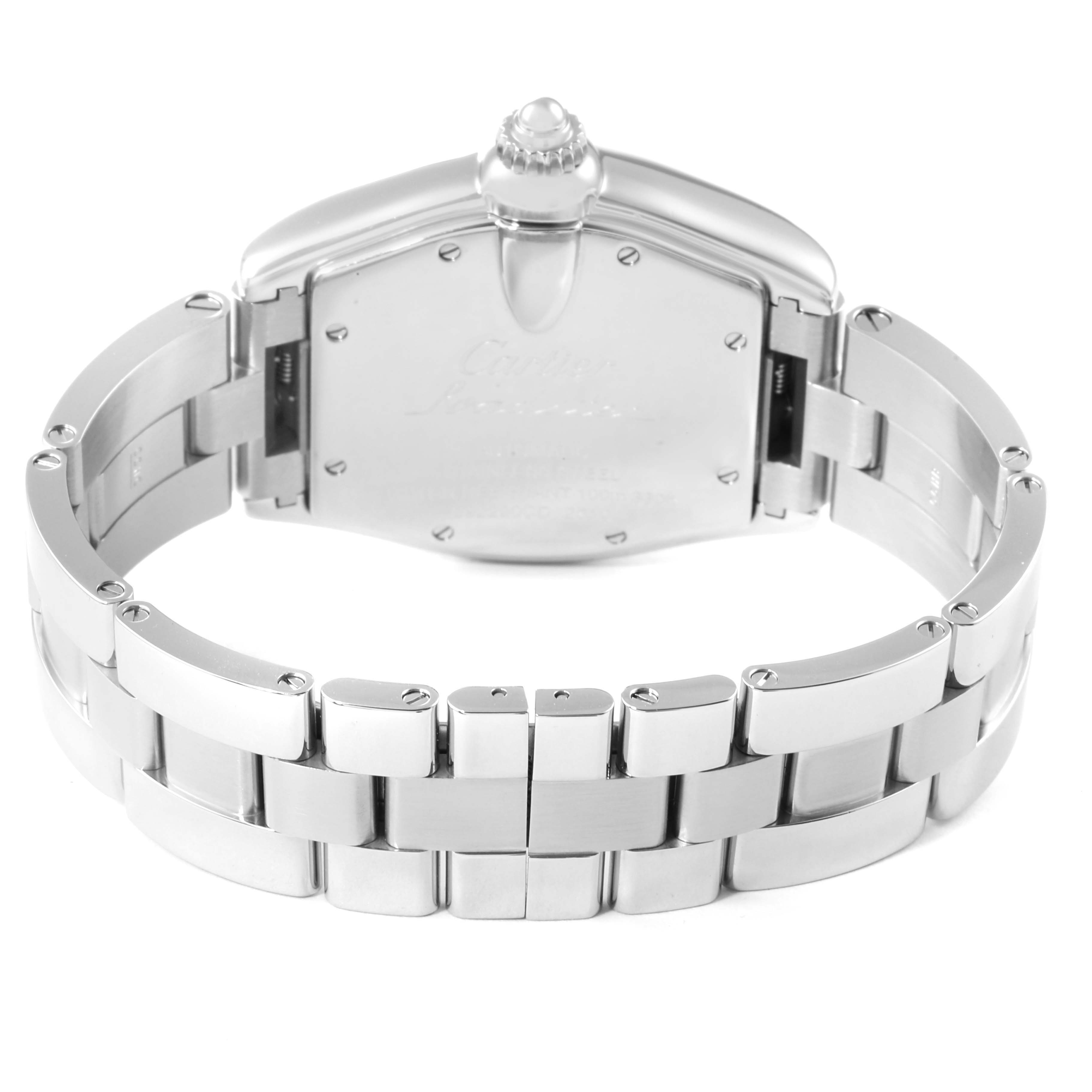 The image shows the back case and bracelet of the Cartier Roadster W62000V3 Men
s Stainless Steel Silver Dial W62000V3 Men
s Stainless Steel Silver Dial watch, viewed from the rear angle.