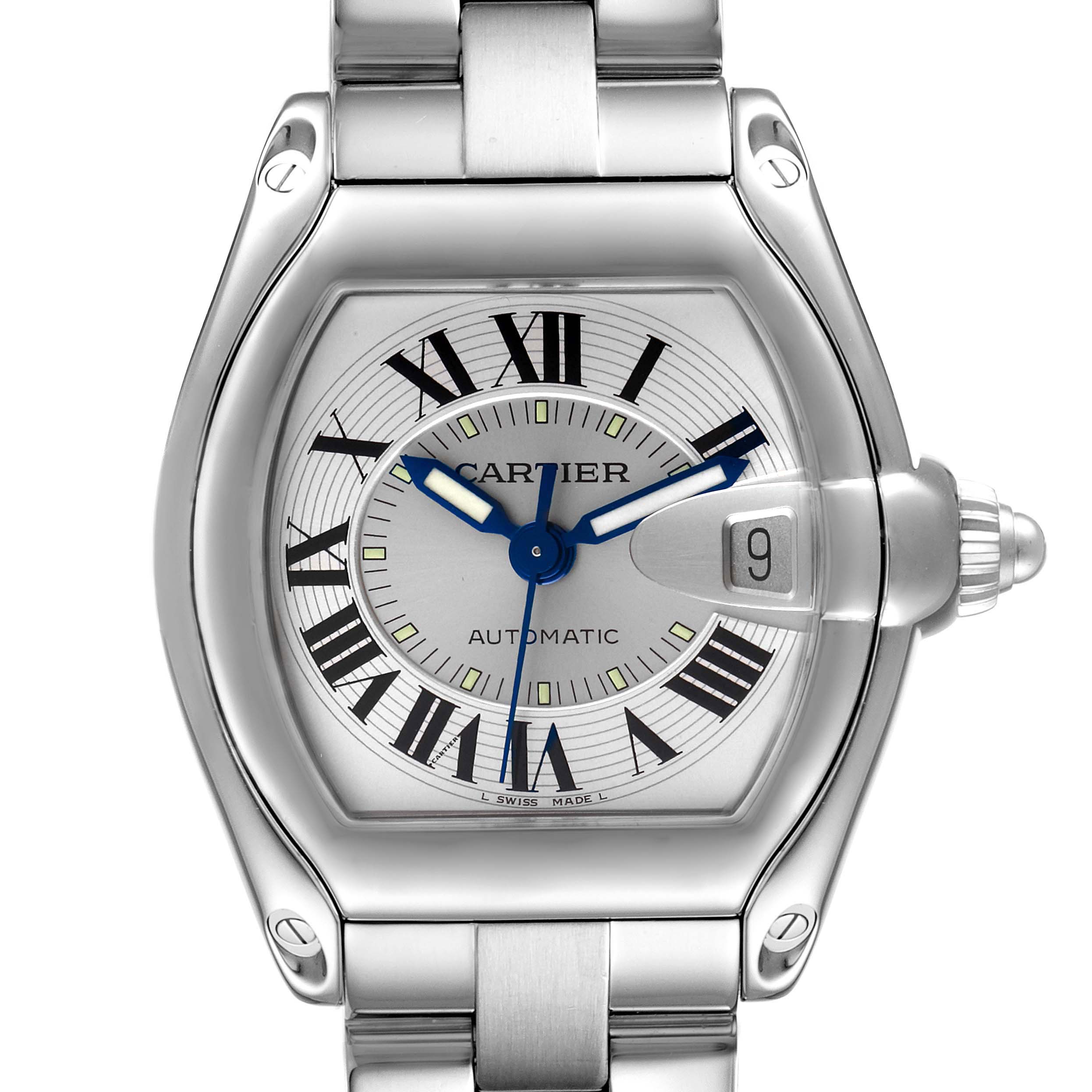 The image shows a frontal view of the Cartier Roadster W62000V3 Men
s Stainless Steel Silver Dial W62000V3 Men
s Stainless Steel Silver Dial watch, displaying its dial, hands, date window, and stainless steel bracelet.
