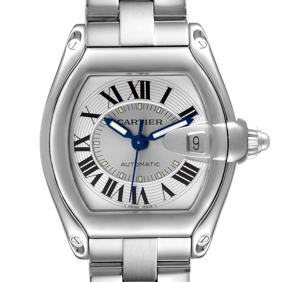Cartier Roadster Silver Dial Steel Mens Watch W62000V3 Box Papers Strap SwissWatchExpo