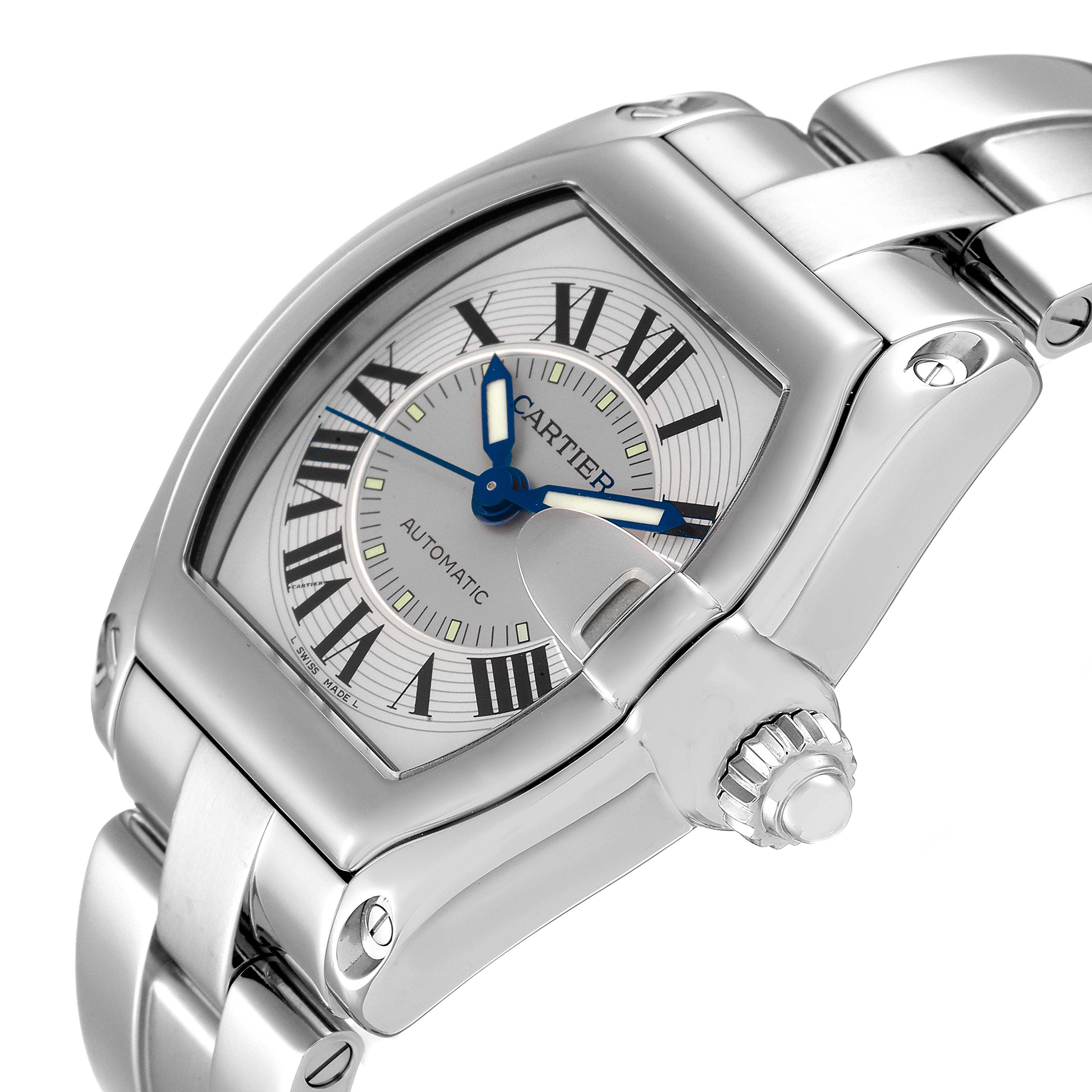 The Cartier Roadster W62000V3 Men
s Stainless Steel Silver Dial W62000V3 Men
s Stainless Steel Silver Dial watch is shown at a slight angle with a focus on the face, crown, and part of the bracelet.
